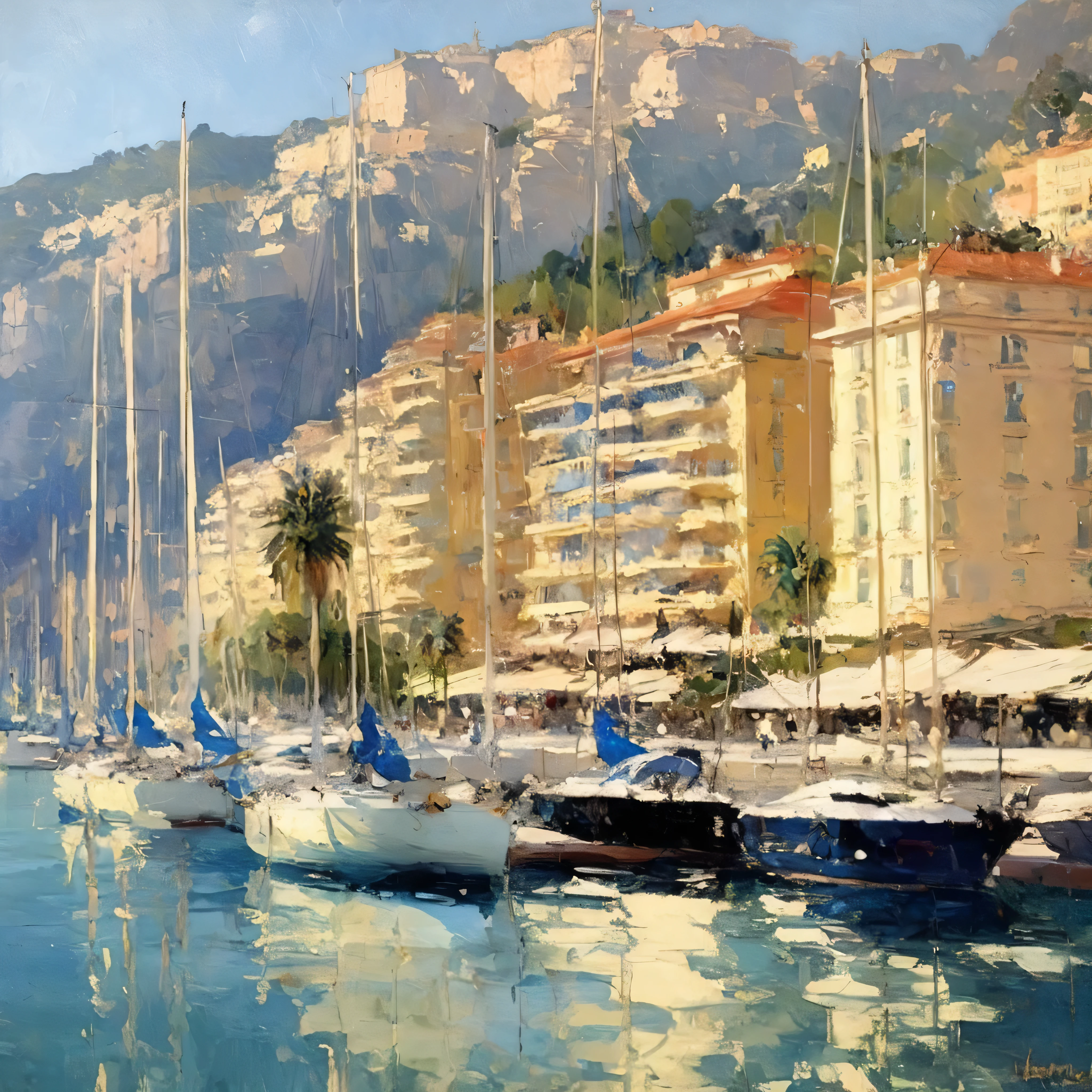 Konstantin Korovin Style - oil painting of a beautiful yacht haven in monaco. Muted colors. Artwork by Abbott Handerson Thayer.