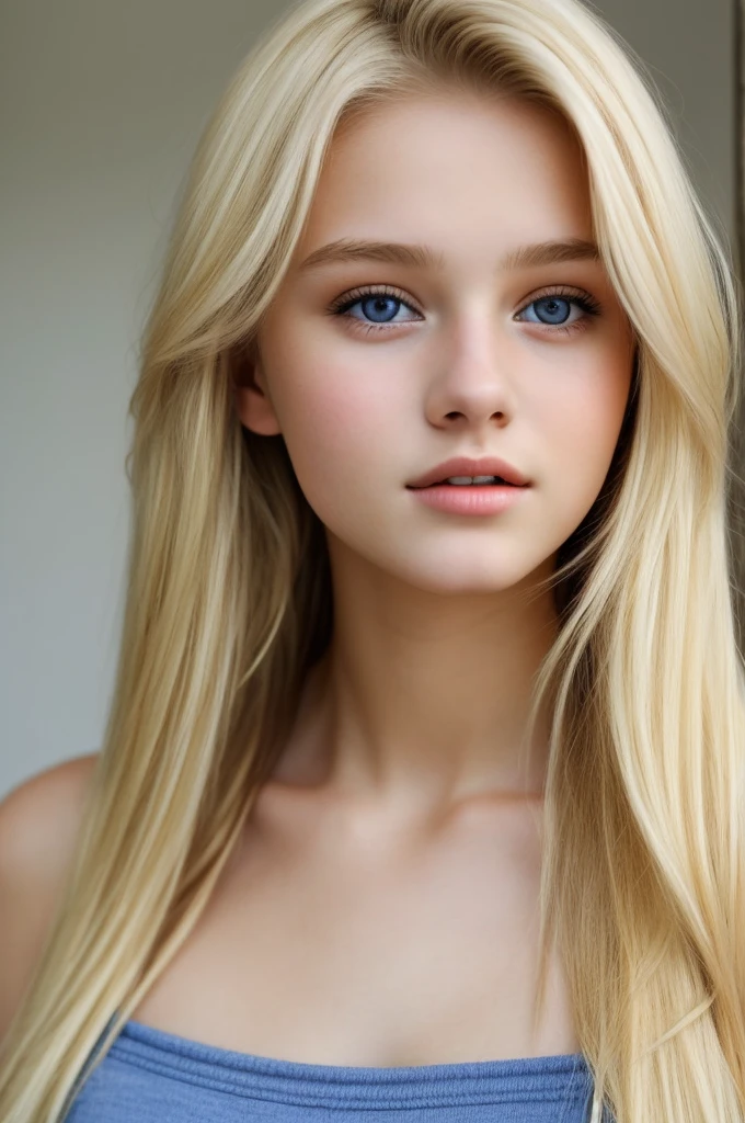 A very beautiful 12 year old blue eyed blonde girl with a very detailed head and body., not distorted in  outfit 