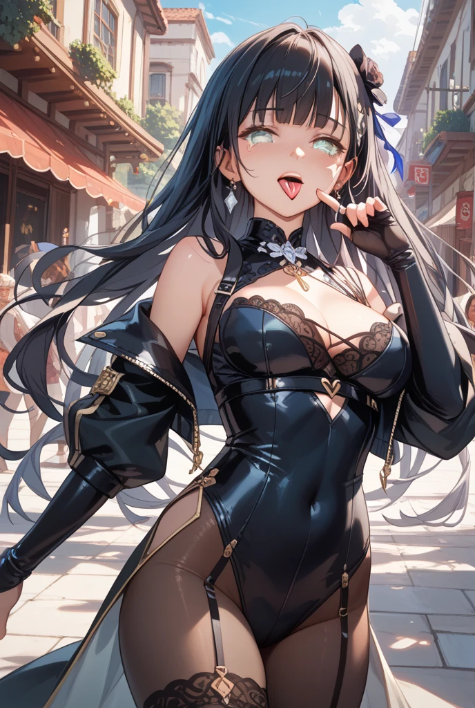 Only One Woman、Black Hair、Long Hair、Large Breasts、(Wearing a black bikini、Wearing stockings、garter belt)、(((Incontinent))), (((Peeing))), (((Peeing on your own))), (Pee drips from the crotch), Pee stains, puddle、In front of the crowd、(squat、Spread your legs、Show your crotch)、(Humiliated、Embarrassing)