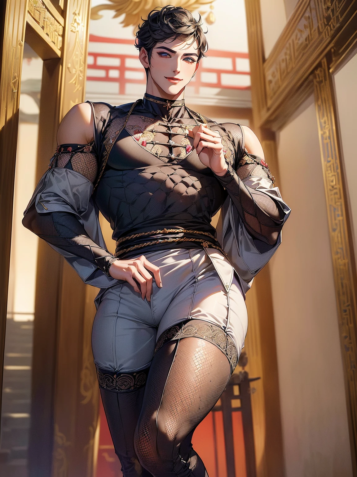 ((best quality,4k,highres,masterpiece:1.2)),((character concept art)), 1 man, age 25, Chinese Hong Kong, Hong Kong Elite, eldest sister, triad male leader, Known for her impeccable fashion sense and elegant demeanor, she is a true embodiment of the Versace brand. His body language is as captivating as his style, always exuding confidence and high fashion. (((he's wearing an exquisite Versace Barocco-print Shirt in Silk and Barocco-print leggings gold-tone/white/black, a true testament to the brand's luxurious aesthetic.))) Paired with Versace Tribute Sandals, she carries her ensemble with an air of effortless sophistication. Her accessories include a pair of Versace Tribute Sunglasses, enhancing her overall look. ((intricate detail)), super finely detailed hands, ultra finely detailed fingers(((ten fingers))), (standing still with confidently), (full body showcase), (show full body), (no logos on background), (no logo), ((plain background)), ((plain background)), (((empty background))).hot man, hot male , hot man , very small spikey boyish haircut, hot man