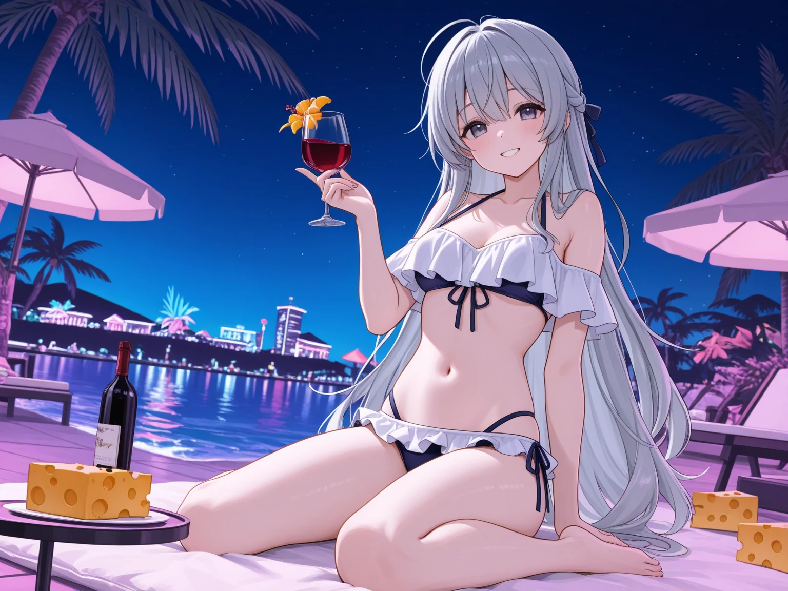 ((8K, Highest Quality, Best:1.3)), Ultra High Resolution, (1 Girl, 1 Person), (Color Changing Eyes, Super Detailed, Expressive Sparkle, Sparkling, Glowing Eyes), Highly Detailed Eyes, Highly Detailed Face, Random Hair, (Silver Gray Color)) A seductive woman in a swimsuit. The background is a beach bar at a luxury resort, lit up at night, creating a gorgeous and sexy atmosphere. Tropical cocktails and champagne are lined up on the counter of the beach bar, creating a night resort atmosphere. The woman has long silver hair flowing forward and is wearing a bikini with silver glitter. The top of the bikini is decorated with beads and sequins, and the bottom has a sexy design with a slit. The angle is from a perspective looking down from above the counter, capturing her leaning against the counter and holding a glass. She is blushing and smiling charmingly, and the reflection of the lights in the background gives the whole thing a fantastic glow.