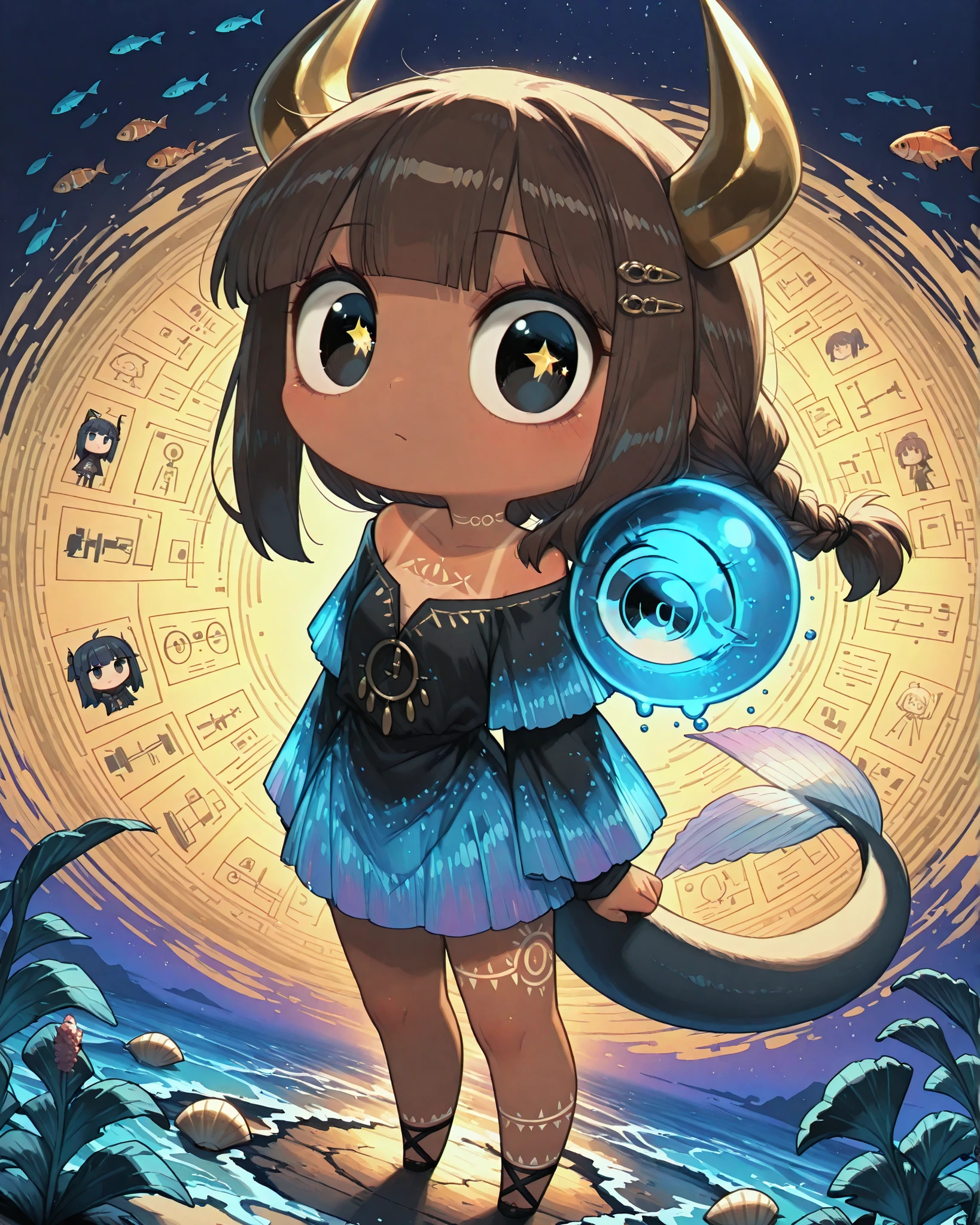 dynamic angle, (masterpiece, detailed image, vivid colors, 4k, full body image, cinematic photography), {chibi}:(an androgynous mascot with a marine theme, half human, half horse with fish, tail looks like a fish with huge fins that get longer at the tip, dark brown or tan, round face, cheeks, beautiful and dark eyes in light/white tones, long hair in dark blue tones, two golden horns as ornaments coming out of the nape of the neck, a golden butterfly hair clip with purple details forming a braid that falls over the shoulder, surrounded by holographic sketches forming small illustrated figures, on its shoulder rests a white butterfly with delicate circuit patterns on its wings, its eyes glow softly like bioluminescent corals and its clothes are inspired by the ocean - iridescent fabrics, flowing layers, details like shells, seaweed and star patterns, gold accents in the eyes and throughout the body like tribal tattoos), neutral background, no background