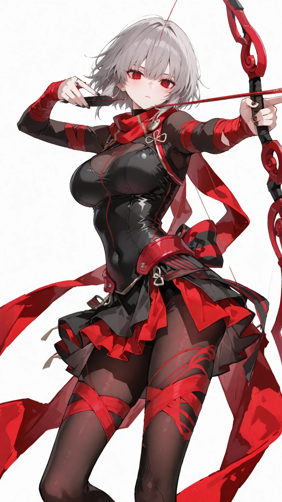 girl,, gray hair,red eyes, Body suit black,Turtleneck Tights, two-piece black,Red Bandage,Large Scarf,Bandage,Red Scarf,white background,Black nail polish,Red swift,big breasts ,Slim legs,big pants , scarf ,Skirt fabricสีแดง,the archers,red archer,Skirt fabric,Red Archery Bow ,Big bow,,Pull the bow, archery pose,Short hair,Lining Skirt,Special Bow,Striped Bow, scarf ทั้งหมดสีแดง,View on ,