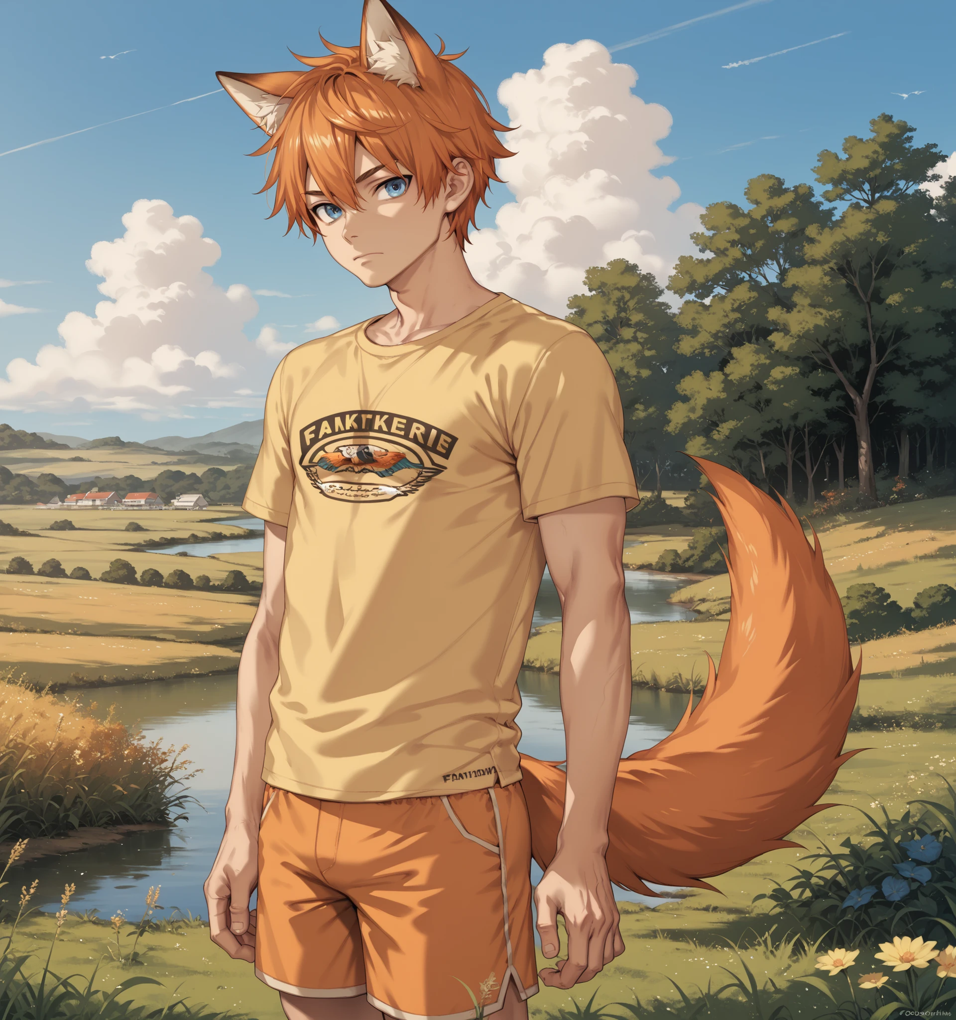 Source_anime, handsome, fishine style, kemonomimi, 1boy, solo, adult boy 

Fox ears and tail, orange tail, orange hair, short hair, blue eyes, 

Yellow shirt, short sleeves, orange shorts 

Closed mouth, looking at viewer, standing

Outdoors, blue sky, grass, lakeside plains, 
