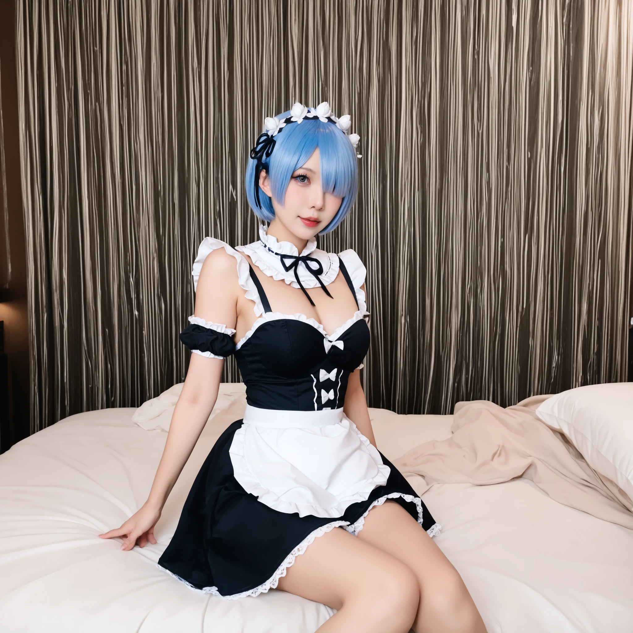 A cute slim girl cosplaying as Rem from Re:Zero, blue short hair, wearing a sexy black and white maid outfit, lace details, gentle and submissive pose, sitting on a bed, soft ambient light, kawaii atmosphere, photorealistic,  pele real,textura da pele,traços corporais detalhados, ela está em um quarto japonês
