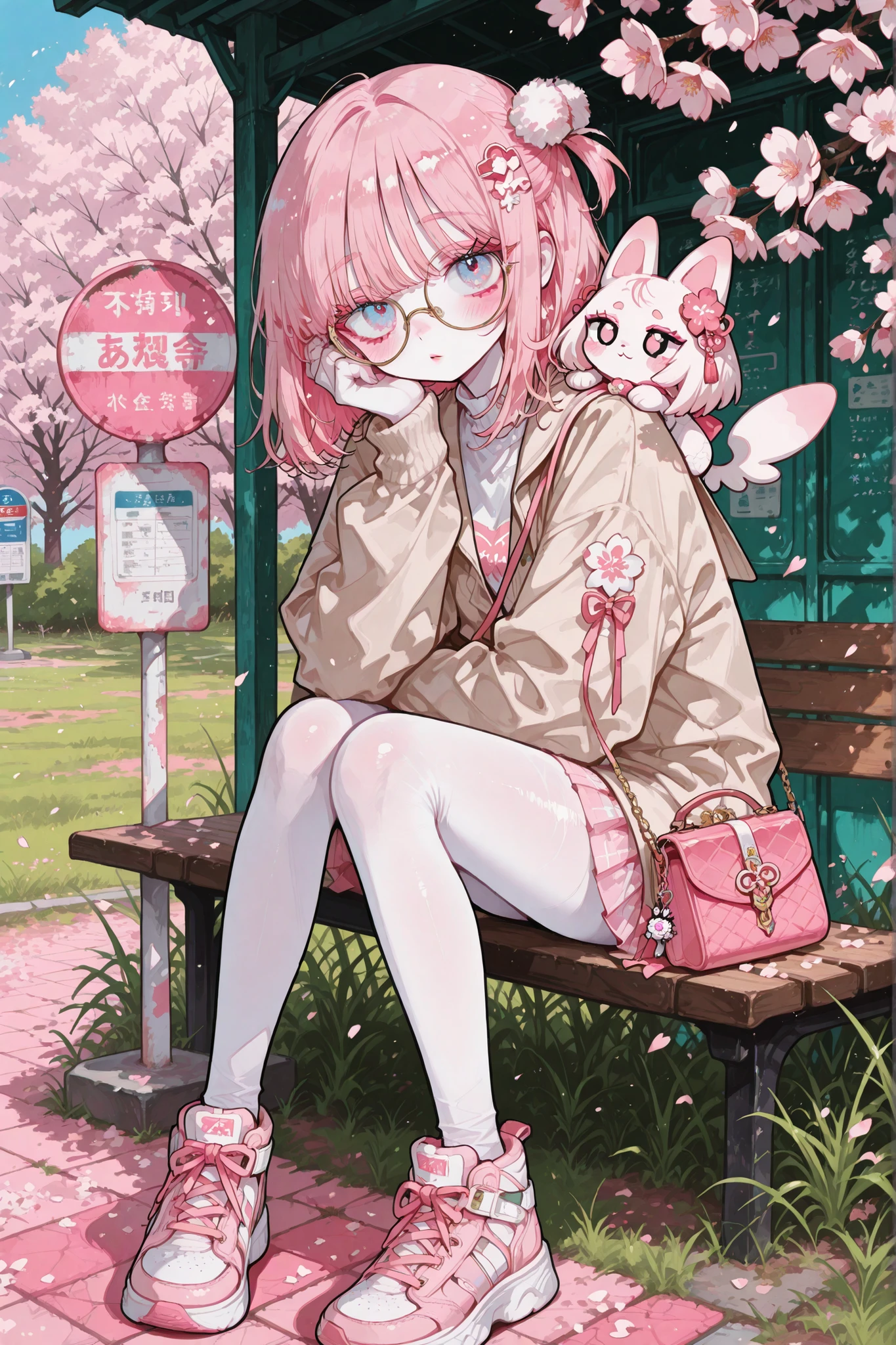 (edanoma_meu_illu,),(masterpiece, detailed:1.2),(Fantasy_eyes,) The white-skinned Korean girl. She has white skin with pink blush. She has blue eyes, pink eyelashes and pink eyebrows. She has light Korean makeup, and her lips have pink gloss. She has straight longest ground-length bleached hair with Pink coloring. She wears round glasses with gold frames. She has pink and white sakura blossoms in her hair. She is wearing a long-sleeved mini top, beige miniskirt, beige jacket, She wearing white nylon tights, and pink oversized sneakers.  On her shoulder she has a pink mini handbag with a keychain in the shape of a flower.  in the background: a sunny spring day in Japan, at a bus stop, green grass, cherry blossoms around. 