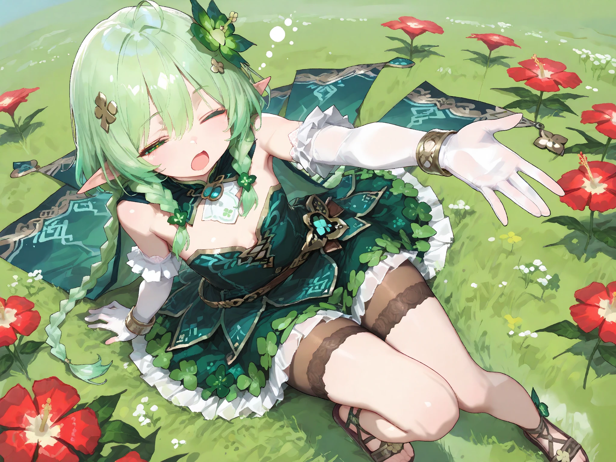 (masterpiece, best quality, ultra-detailed, absurd res, very aesthetic, intricate, gorgeous),
1 woman, ;d, green hair, full body, yawning, one_eye_closed, outstretched_hand, squeans, one leg up, dynamic pose, clover-shaped_pupils, hair ornament, big hibiscus ornament, Three Braids, bare shoulder, cape, frilled elbow_gloves, brown pantyhose fabric covers the chest area, small breast, grass arranged frill skirt, flower arranged dress, far shin, ankle, thighhighs, sandals, bracelet, looking at viewer, bare legs, sitting, flower_field, from above