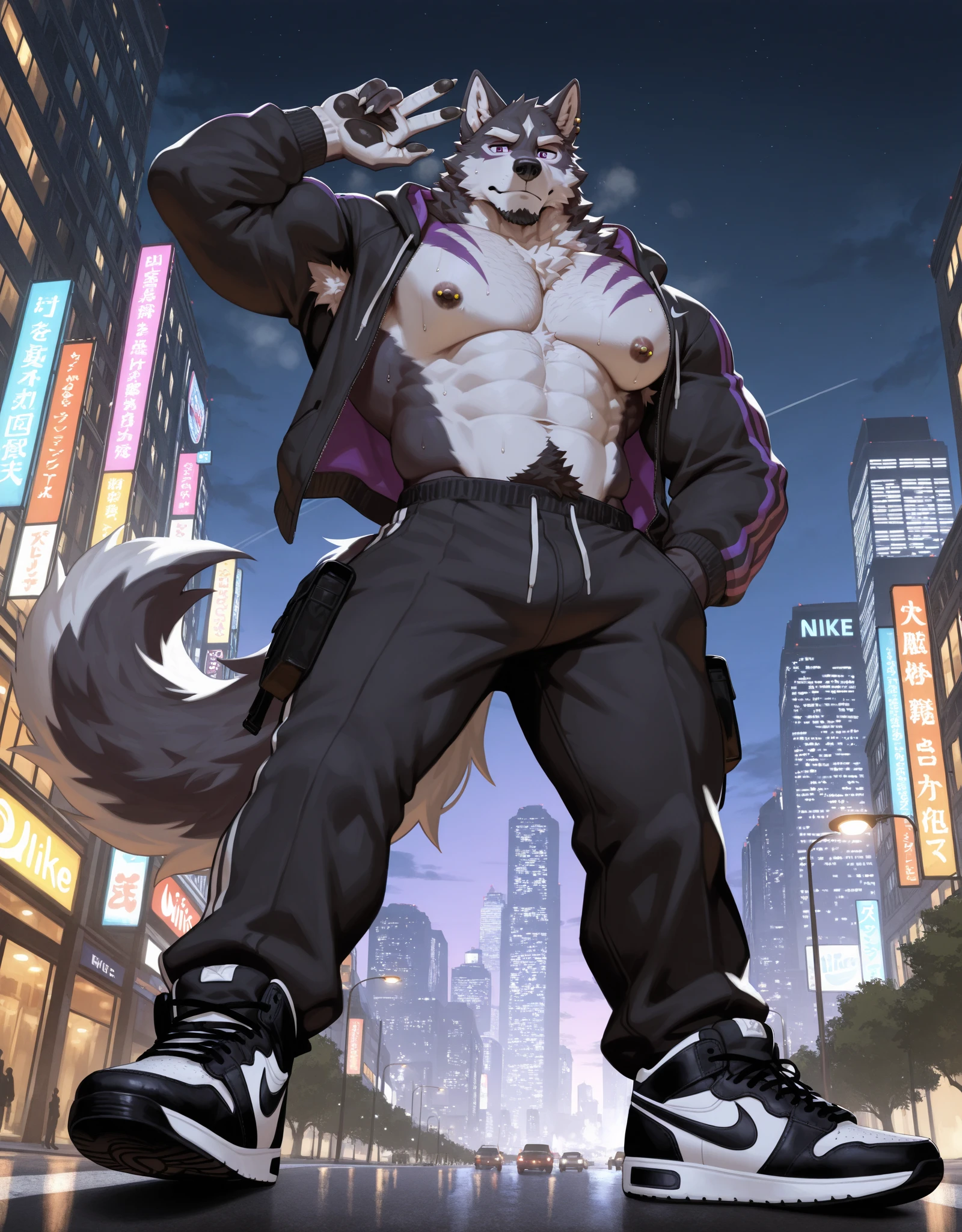 Border collie, Anthro, Furry, Wearing dark green Underwear, Slim, city  And Night, his really Macro size his 80ft tall, 