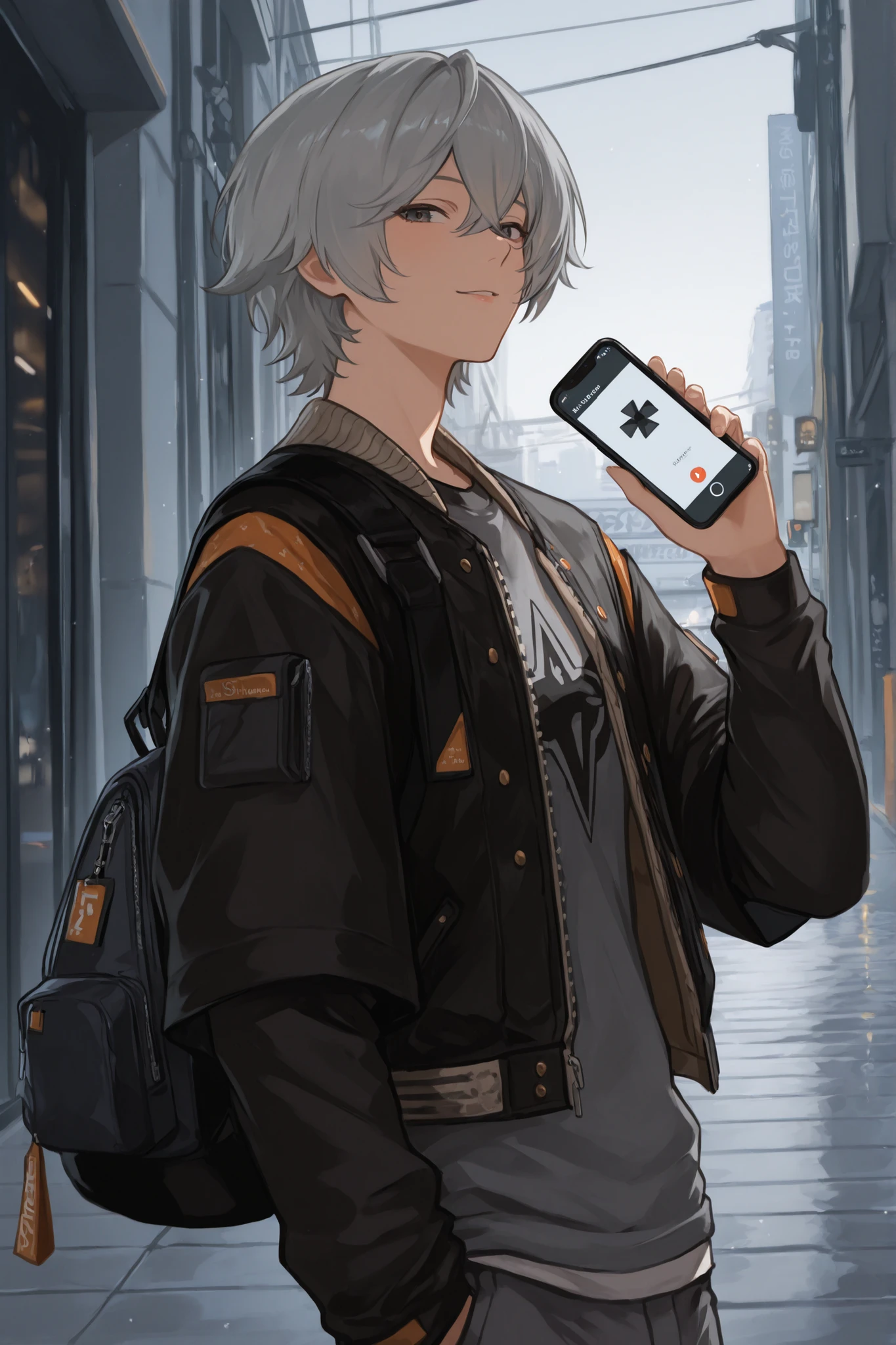 An anime-style character stands with one hand on the cell phone, presenting a relaxing atmosphere, postura confiante. The character has well-combed light gray hair, complementing her modern and youthful appearance. He is dressed in a stylish outfit consisting of a dark gray graphic t-shirt with a geometric design in the center, covered with a black jacket adorned with details orange on the sleeves. A black shoulder strap with a small, attached bag crosses the chest, that increases the contemporary appearance. The clothes The texture and The details suggest a carefully considered fashion choice, , suggesting the character's attention to style and practicality. The background is simple , focusing entirely on the character, emphasizing her design details and clothing. The transmitted climate is one of freshness in indifferent and modern urban style, personagem wise