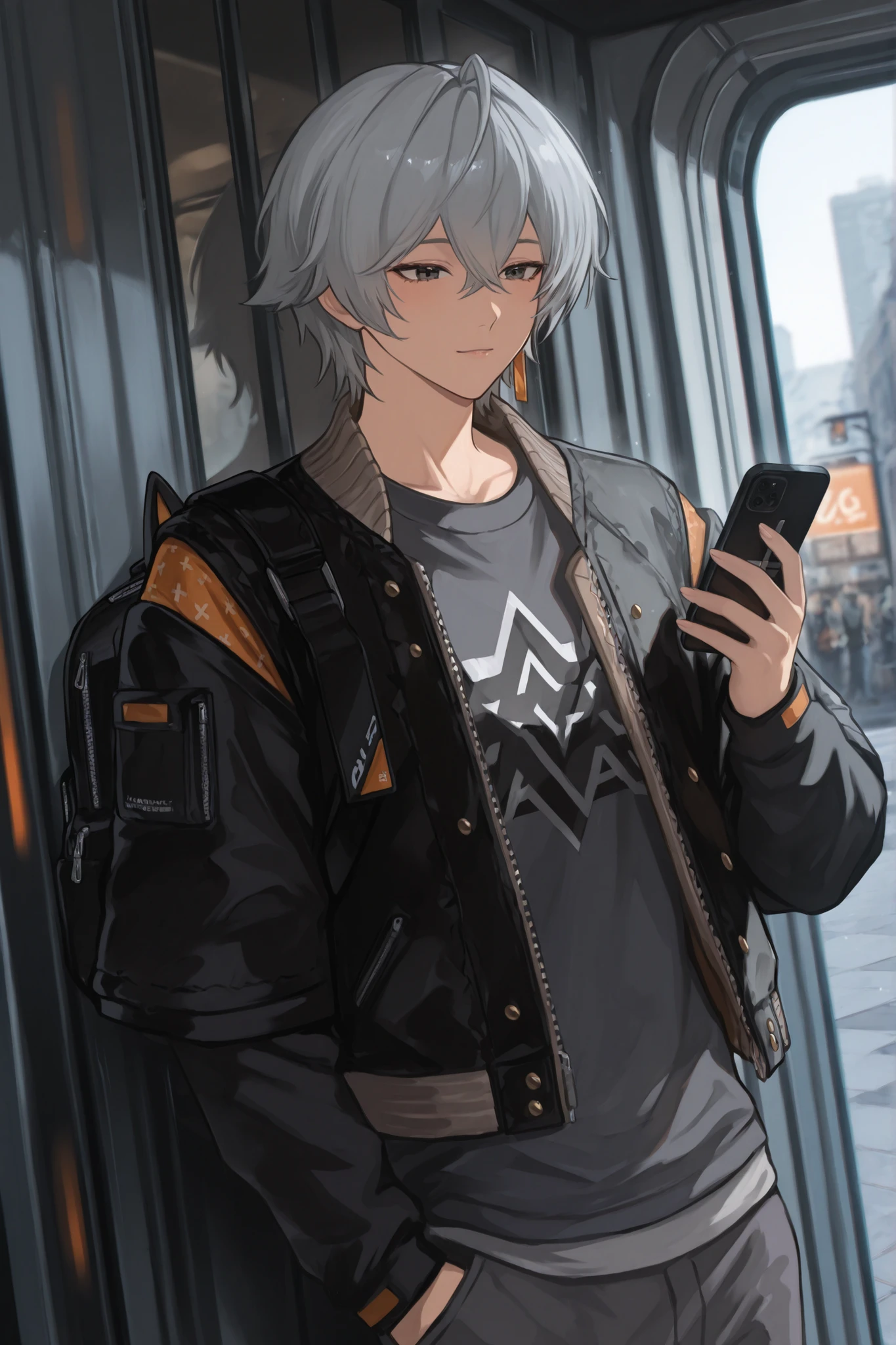 An anime-style character stands with one hand on the cell phone, presenting a relaxing atmosphere, postura confiante. The character has well-combed light gray hair, complementing her modern and youthful appearance. He is dressed in a stylish outfit consisting of a dark gray graphic t-shirt with a geometric design in the center, covered with a black jacket adorned with details orange on the sleeves. A black shoulder strap with a small, attached bag crosses the chest, that increases the contemporary appearance. The clothes The texture and The details suggest a carefully considered fashion choice, , suggesting the character's attention to style and practicality. The background is simple , focusing entirely on the character, emphasizing her design details and clothing. The transmitted climate is one of freshness in indifferent and modern urban style, personagem wise