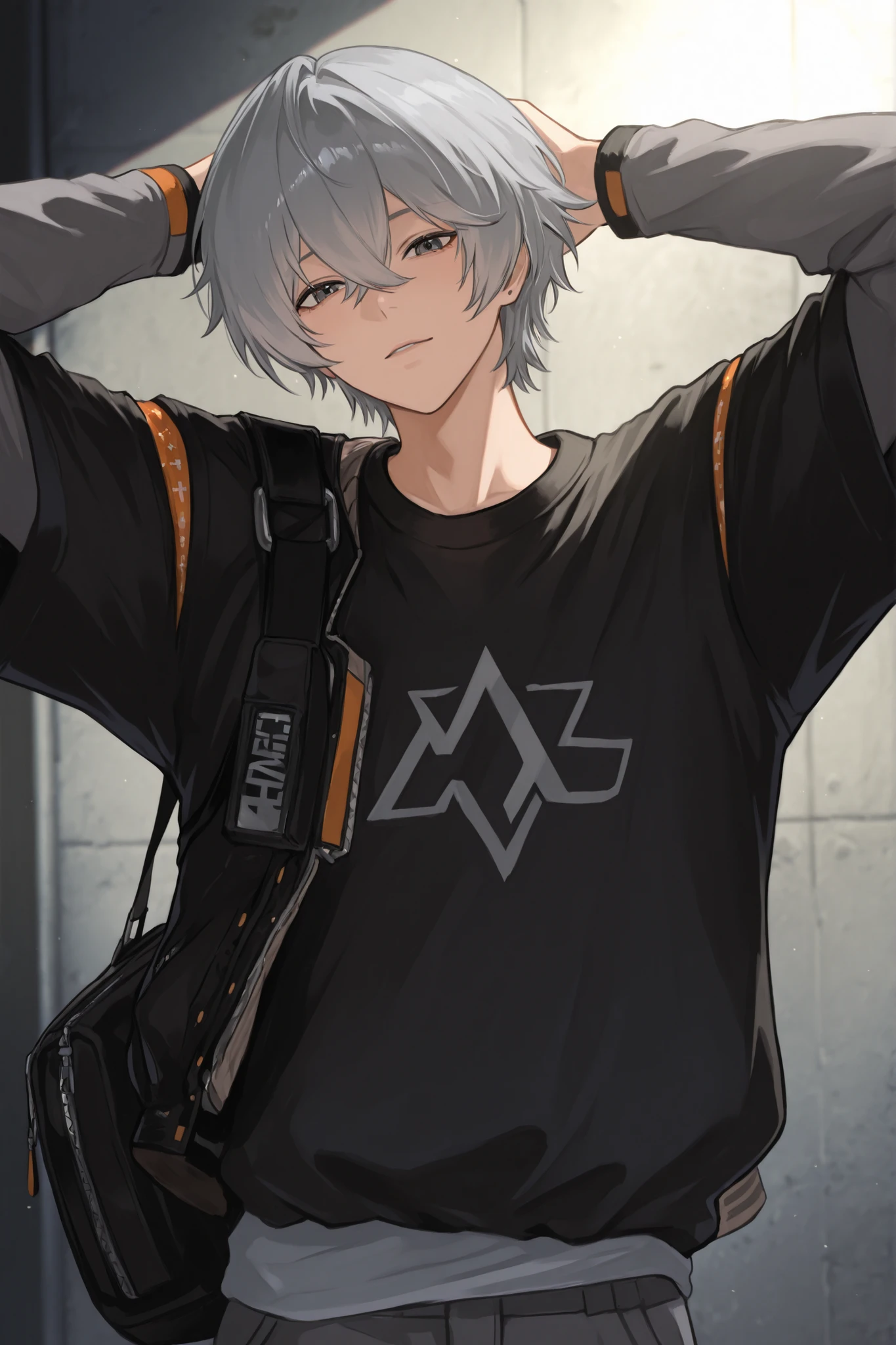 An anime-style character stands with one hand casually placed behind his head, presenting a relaxing atmosphere, postura confiante. The character has well-combed light gray hair, complementing her modern and youthful appearance. He is dressed in a stylish outfit consisting of a dark gray graphic t-shirt with a geometric design in the center, covered with a black jacket adorned with details orange on the sleeves. A black shoulder strap with a small, attached bag crosses the chest, that increases the contemporary appearance. The clothes The texture and The details suggest a carefully considered fashion choice, , suggesting the character's attention to style and practicality. The background is simple , focusing entirely on the character, emphasizing her design details and clothing. The transmitted climate is one of freshness in indifferent and modern urban style, personagem wise