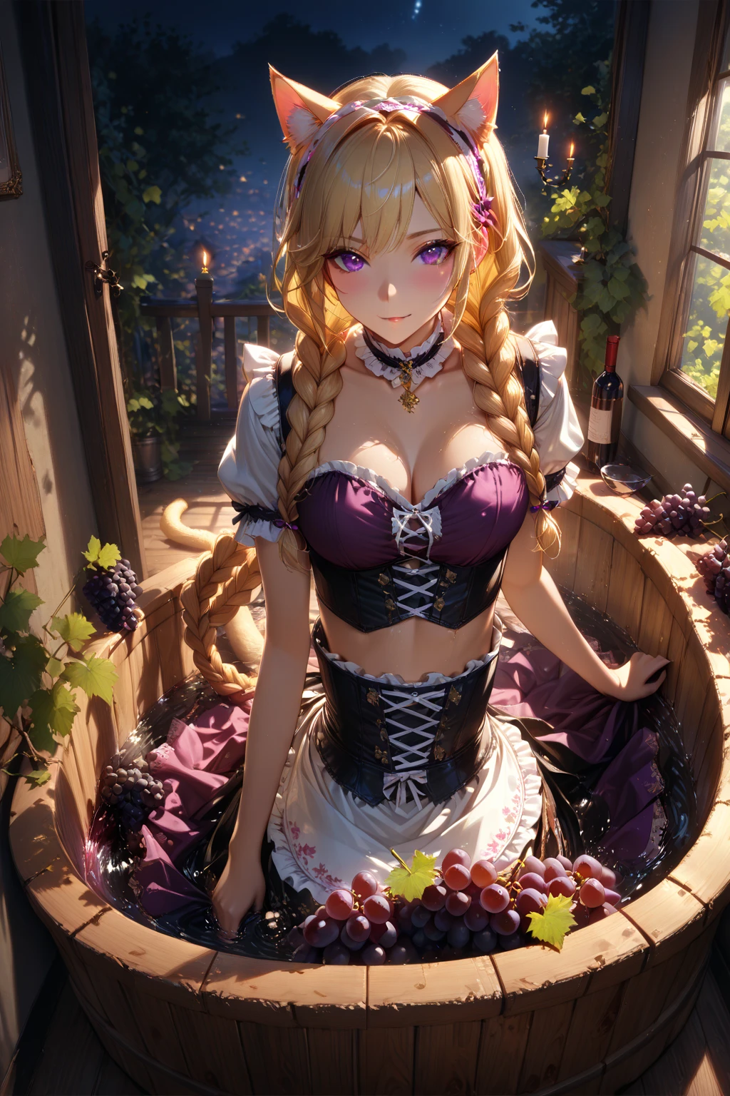 (masterpiece, best quality), best quality, (ultra-detailed), (3 heads:1.5), 1girl, (yakumo yukari:1.3), masterpiece, best quality, ultra quality, ultra resolution, ultra detail, purple top, crop top, ((stomach)), midriff, ((groin)), purple skirt, frilled skirt, normal ears, shackles, blonde hair, very long hair, wavy hair, sidelocks, purple eyes, detailed eyes, parted lips, open belly, sweat, cute, toned belly, hand on own chest, eyelashes, (24 year old woman:1.3), (masterpiece:1.5), (best quality:1.5), (beautiful detailed), extremely detailed CG, extremely delicate and beautiful, depth of field, (finely detailed face), (perfect details:1.2), (mature female:1.3), wide pelvis, slender, large veiny breast, 16k resolution, high res, high quality, high definition, extremely detailed, masterpiece, best quality, blonde hair, long hair, alluring presence, braid, short skirt, close up, big tits, young, frills, hat, hat ribbon, midriff, nsfw,
