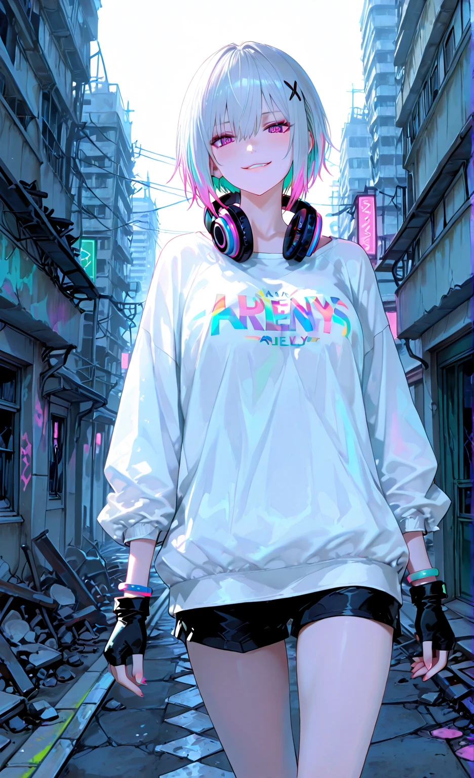 Beautiful woman medium hair、hated、cyberpunked、a short bob、a blond、White Summer Knitted Cap、 odd eye、blue  right eye、Green left eye、Blue Leather Vest、Long white T-shirt、White Cargo Pants、Black Engineer Boots、head phone、Holding a pistol in his right hand、Sprint、In front of Shibuya Station、natta、Well-formed fingertips of both hands、Full body like、Colossal tits、A smile、Extend your left hand to us