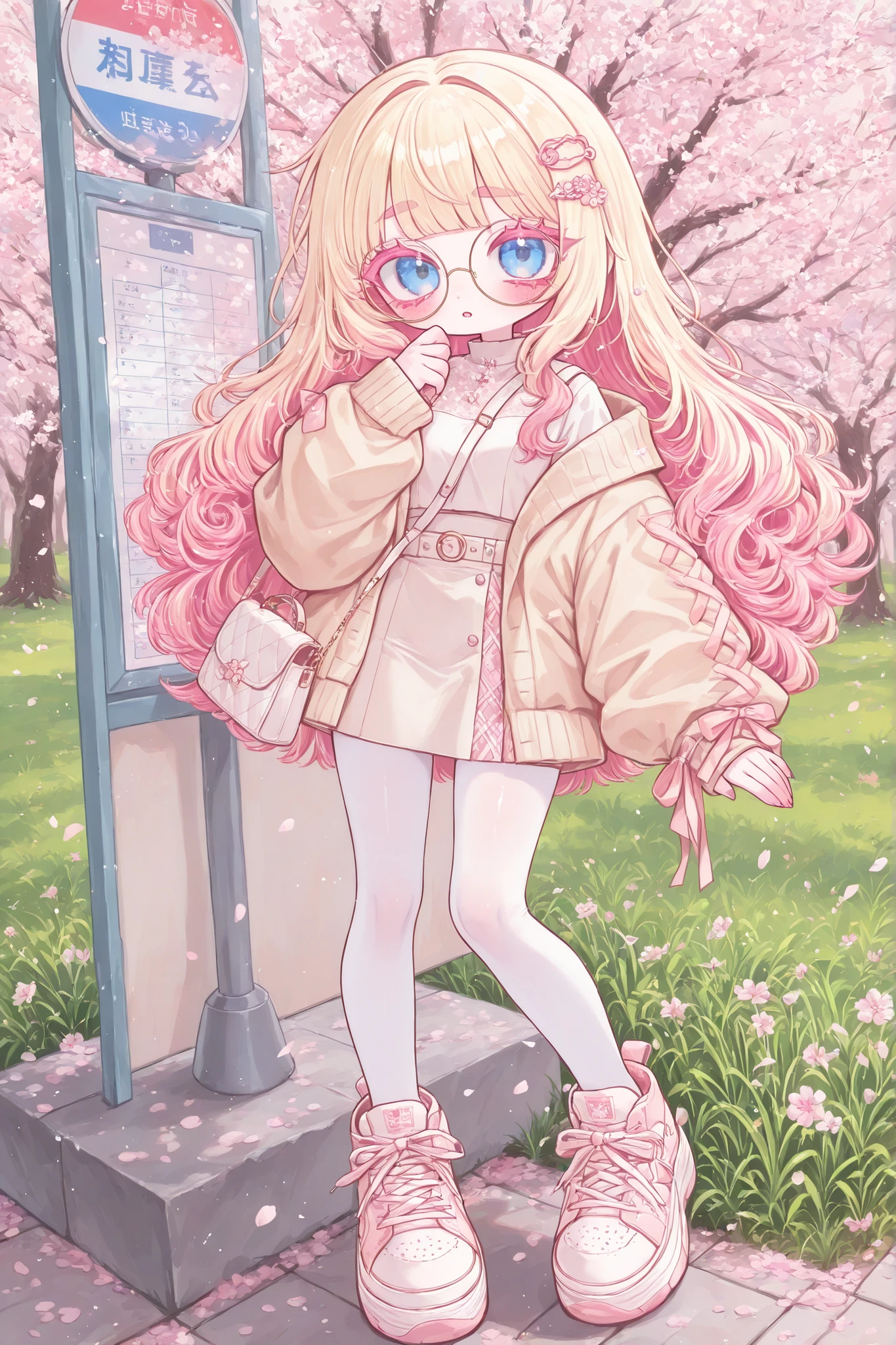 (edanoma_meu_illu,) The white-skinned Japan girl. She has white skin with pink blush. She has blue eyes, pink eyelashes and pink eyebrows. She has light Korean makeup, and her lips have pink gloss. She has straight longest ground-length bleached hair with Pink coloring. She wears round glasses with gold frames. She has pink and white sakura blossoms in her hair. She is wearing a long-sleeved mini top, beige miniskirt, beige jacket, She wearing white nylon tights, and pink oversized sneakers.  On her shoulder she has a pink mini handbag with a keychain in the shape of a flower.  in the background : a sunny spring day in Japan, at a bus stop, green grass, cherry blossoms around. 