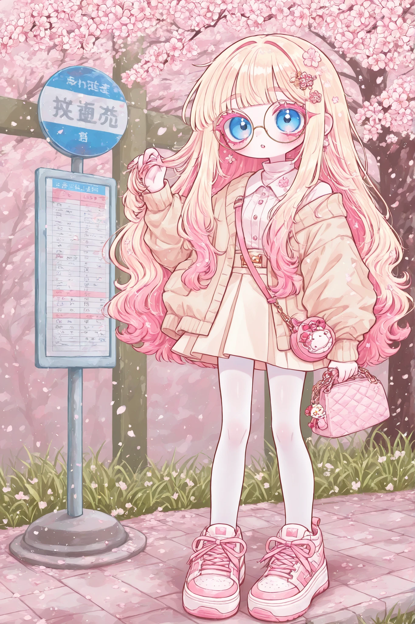 (edanoma_meu_illu,) The white-skinned Japan girl. She has white skin with pink blush. She has blue eyes, pink eyelashes and pink eyebrows. She has light Korean makeup, and her lips have pink gloss. She has straight longest ground-length bleached hair with Pink coloring. She wears round glasses with gold frames. She has pink and white sakura blossoms in her hair. She is wearing a long-sleeved mini top, beige miniskirt, beige jacket, She wearing white nylon tights, and pink oversized sneakers. On her shoulder she has a pink mini handbag with a keychain in the shape of a flower. in the background : a sunny spring day in Japan, at a bus stop, green grass, cherry blossoms around.
