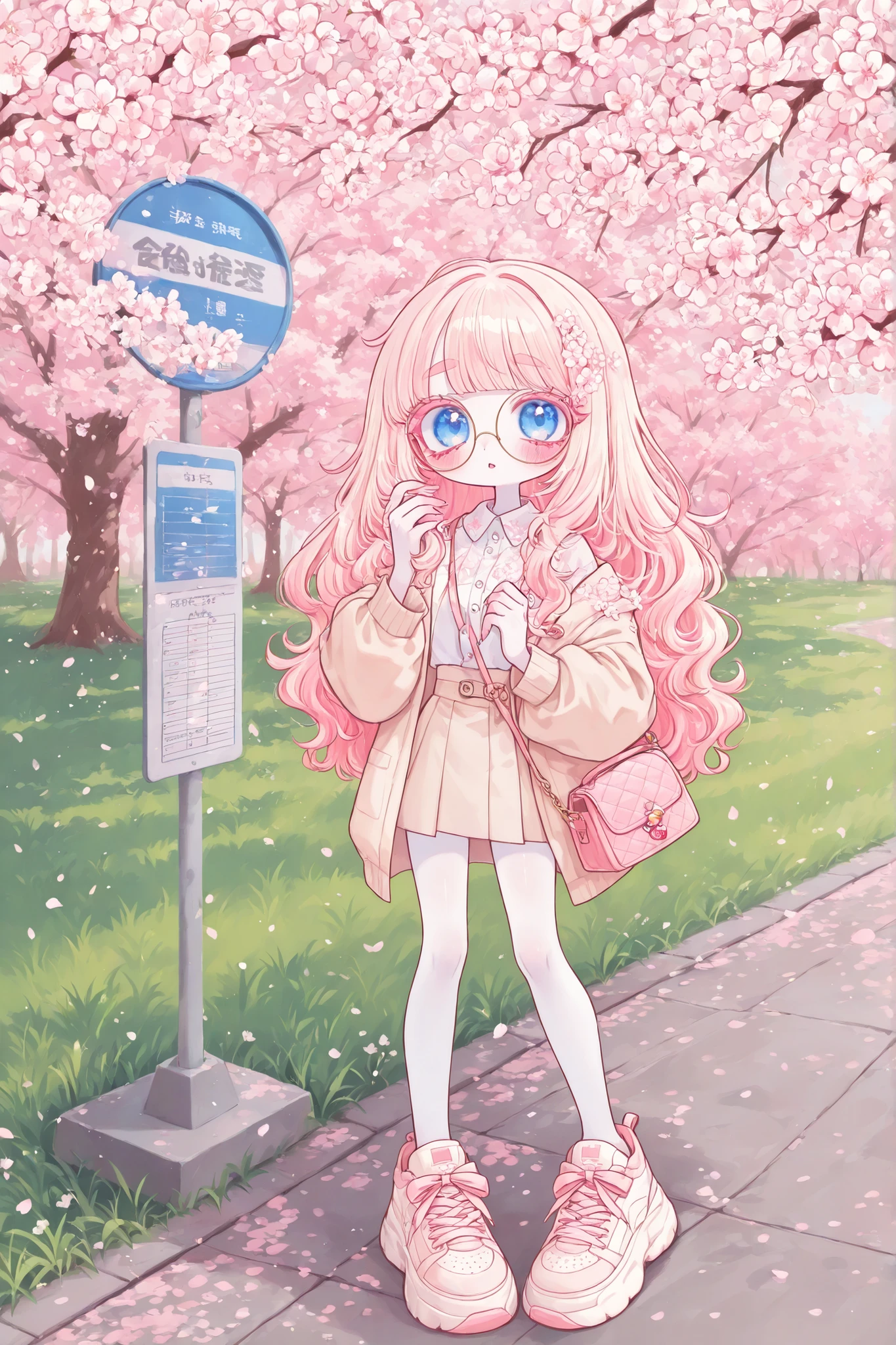 (edanoma_meu_illu,) The white-skinned Japan girl. She has white skin with pink blush. She has blue eyes, pink eyelashes and pink eyebrows. She has light Korean makeup, and her lips have pink gloss. She has straight longest ground-length bleached hair with Pink coloring. She wears round glasses with gold frames. She has pink and white sakura blossoms in her hair. She is wearing a long-sleeved mini top, beige miniskirt, beige jacket, She wearing white nylon tights, and pink oversized sneakers. On her shoulder she has a pink mini handbag with a keychain in the shape of a flower. in the background : a sunny spring day in Japan, at a bus stop, green grass, cherry blossoms around.