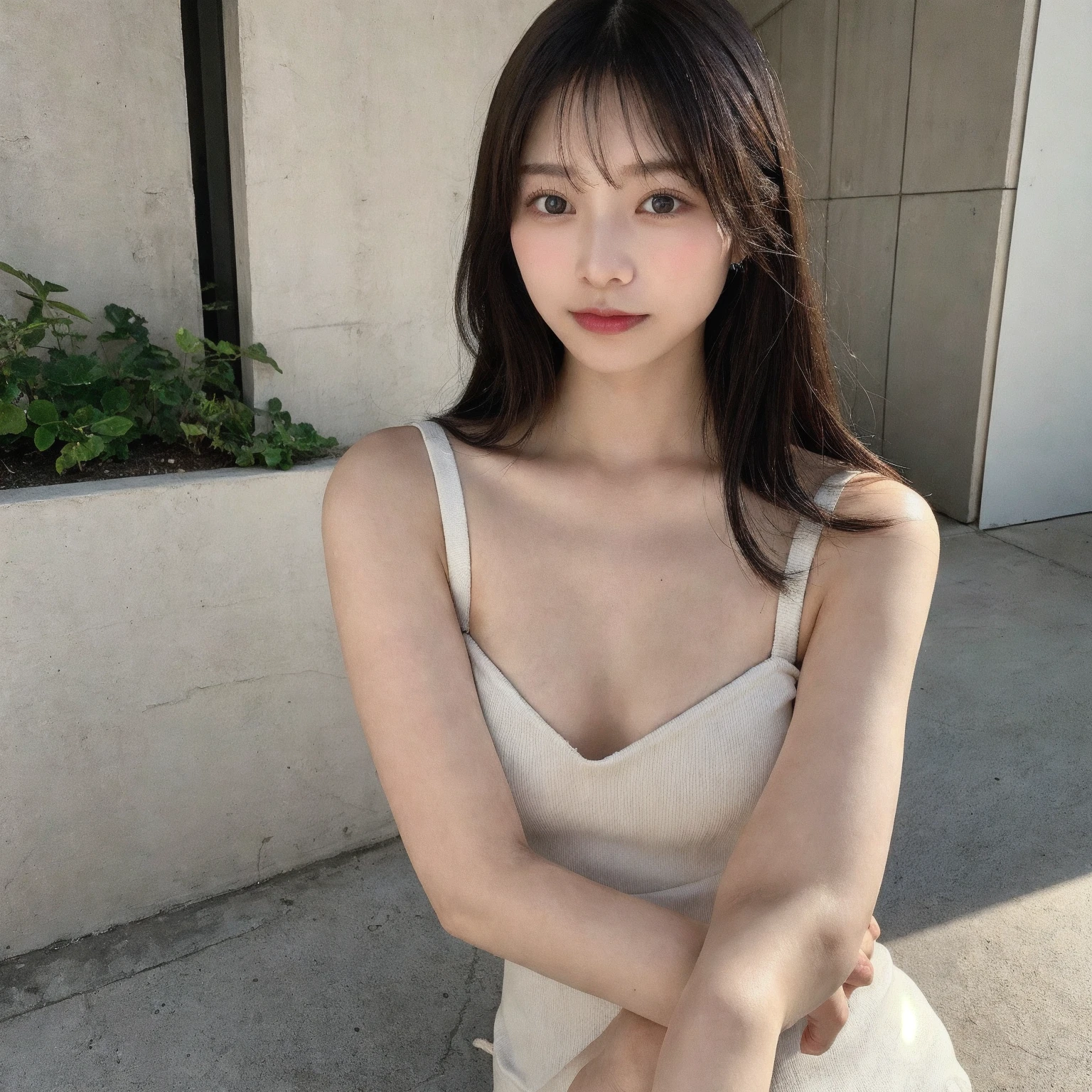 (8k, highest quality, masterpiece: 1.2), Super detailed, highest quality, Ultra-high resolution, Depth of written boundary,(Super detailedな,Caustics),(Photorealistic:1.4,RAW shooting,)Ultra-Realistic Capture,(Very detailed,High definition 16K for human skin,The skin texture is natural,Skin appears even-toned and healthy),(Use natural light and colour,One Woman Wide Lighting,Natural Shading),Japanese,1 girl, Beautiful Eyes, Short, Brown hair, Showing forehead, Mature hairstyle, **White long dress, Facing forward, Upper body facing forward**, Resort wear, Beach, (Sunlight:1.4)