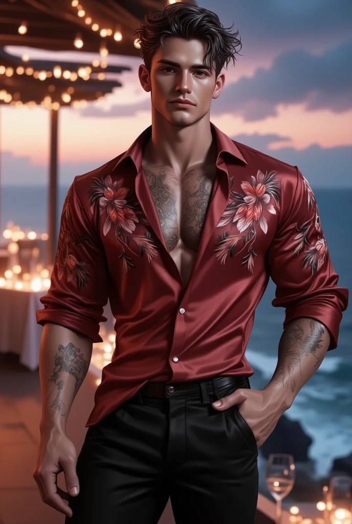 (absurdres, highres, ultra detailed, Ultra HD), ((tall handsome muscular man with a strong physique, solo, male model modern clothing, Full length portrait: 1.5, wearing a rose print  zip-up jumpsuit that is unzipped revealing his chest and abs, bulge: 1.2, verious roses around him, jewellery, the man is standing comfortably in the roses,)), beautiful, gorgeous, wet, mature, perfect eyes, sexy gaze, (looking at the viewers romantically), perfect body, smooth skin, a hot glow in his skin, extra large chest, largest breasts, extremely large pectorals, big nipples, breathtaking grandeur, model pose, colorful, artistic, focus on his calm facial features, elegant look, sexy posture, full body view, tattoosed chest,