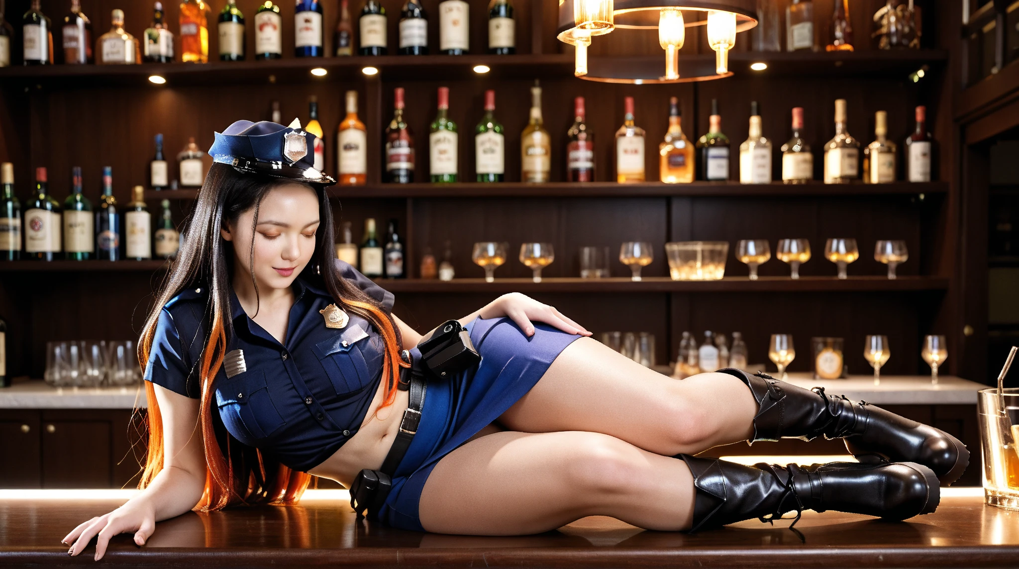 Impresionante, hermosa y elegante joven.                    surkoreana de clase alta coqueteando en un bar    lleno de gente, mujer rica sentada en un taburete mostrando sus hermosas piernas, lleva tacones abiertos, imagen.  en 3D, 24K resolution, gran angular,                         imagen centrada. photographic style, 50 mm lens,         apertura F 2.5