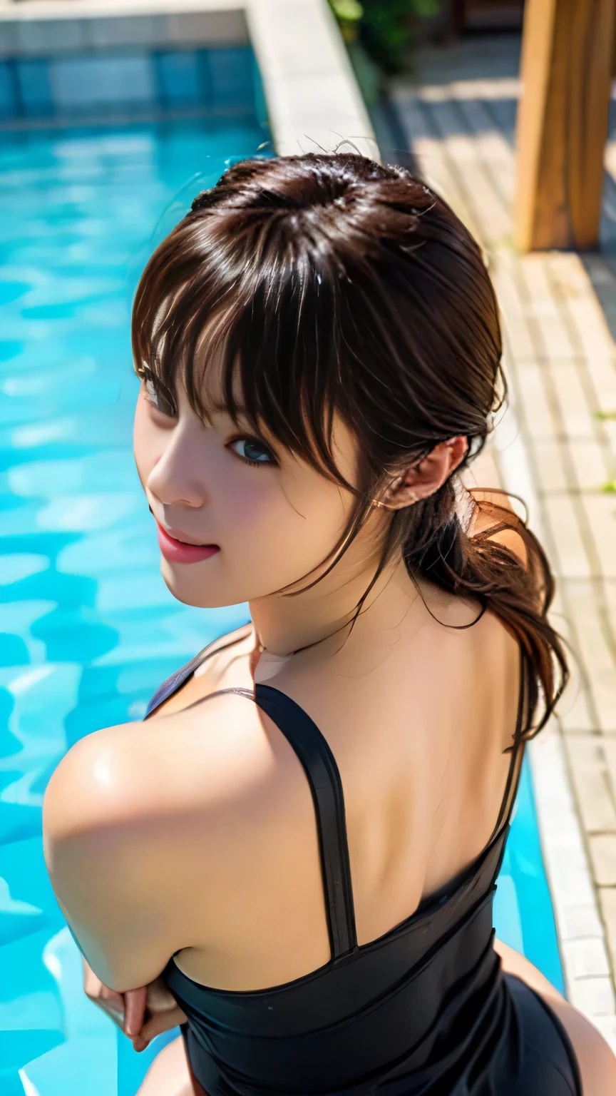 high resolution、High resolution、Pool、Young Japanese woman、Swimwear、Back view、profile、highest quality