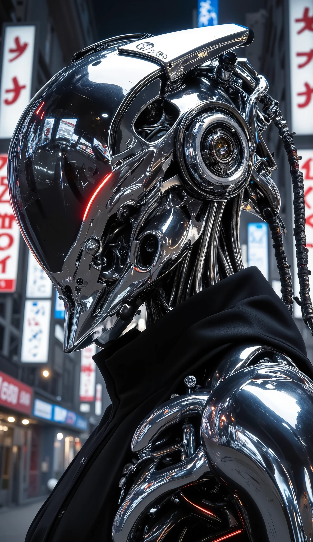 (ultra-detailed cyberpunk android head:1.4), (shiny chrome helmet with hyper-reflective surface showing a dense futuristic urban setting:1.6), (luzes de led, neon advertisements , glowing signs and buildings reflected in the helmet:1.4), (hyperrealistic urban scenery in the background:1.5), (chrome exoskeleton with intricate wiring, tubos, e engrenagens:1.4), (cinematic lighting with strong backlight and background brightness:1.4), (dark science fiction technology environment:1.3), (sharp and photorealistic textures, 8K-level rendering:1.5), (brutalist and high-tech building designs with Japanese neon signs:1.3), (ambient fog and digital noise particles:1.2), (deep shadows with high-contrast reflections:1.4), (metallic details with scratches and red under the:1.3), (physically accurate reflection of the city:1.5)