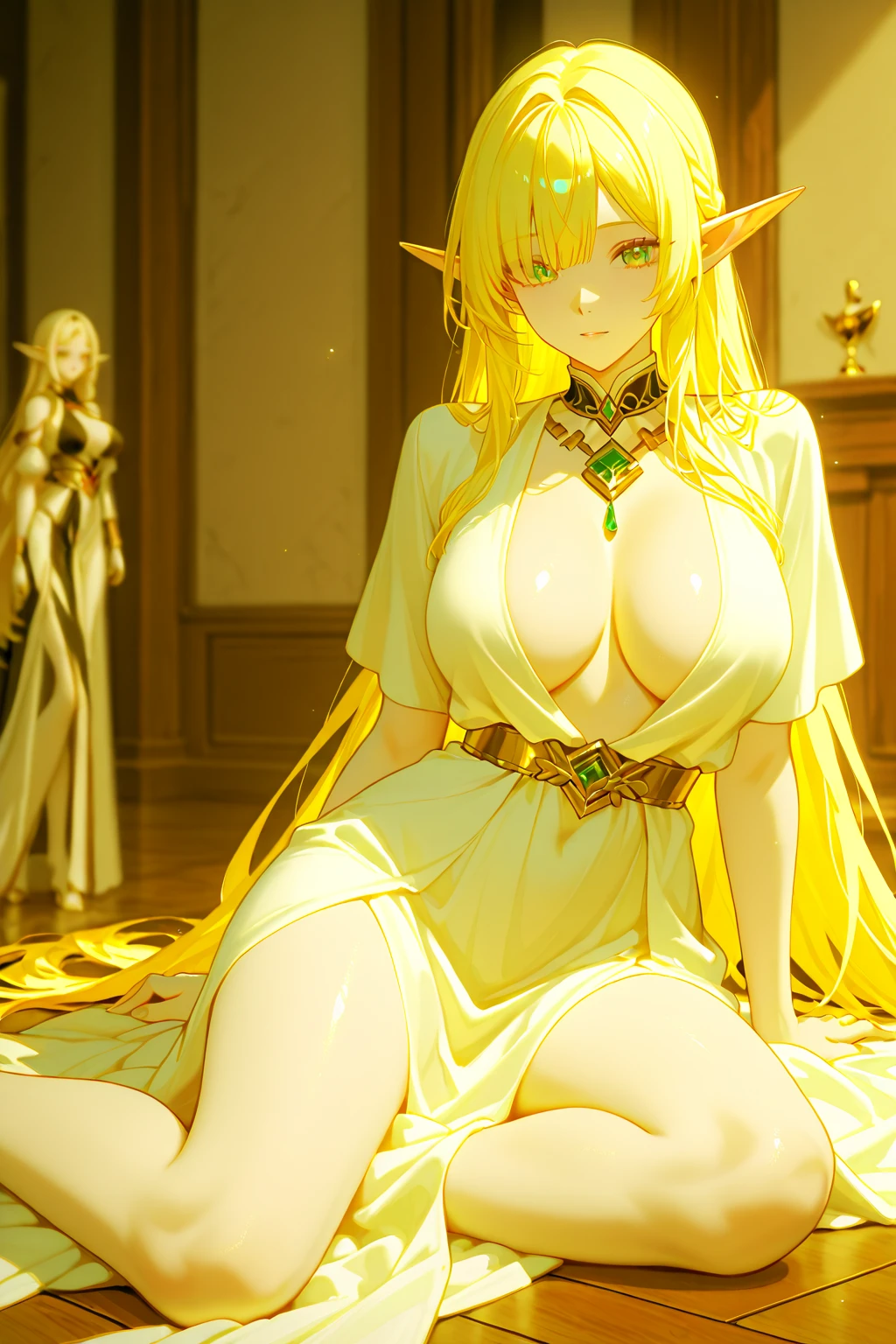 17yo girl, elf, golden hair, hime cut, long hair, J cup breast, thicc thigh, erotic body, golden string pasties on tits, golden pasties on pussy, golden bracelets, golden collar, golden necklaces, golden throne, golden cape, golden tiara, golden heels, gorgeous, aroused, grab own tits, side view, castle hall scene.