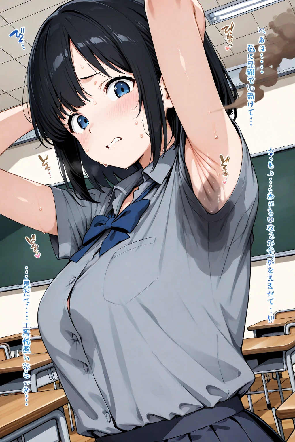 short hair, pubic hair, beautiful breasts, embarrassed, shy, anxious, black hair, arm, in hospital, underwear, naked, belly button, hand on face, no underwear, sitting on a stool　（Male 1）sweaty　touched by a man　Physical examination　Breast size measured, tape measure on chest, anime drawing, arms raised, armpits