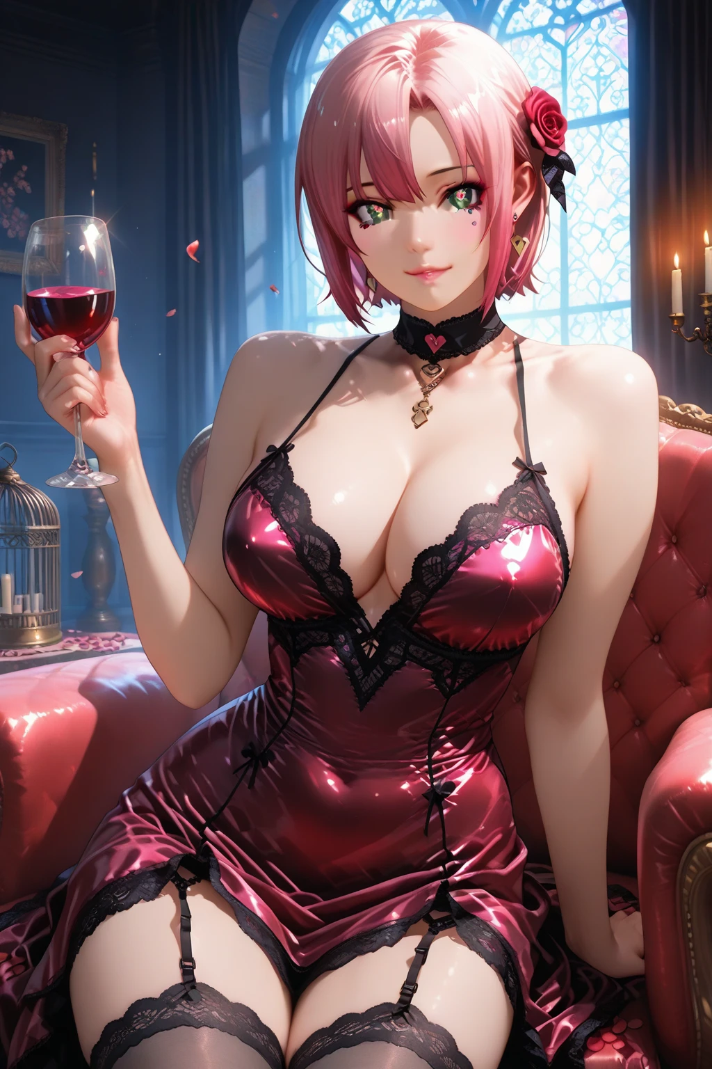 (Masterpiece, BestQuality:1.3), (ultra detailed:1.2), (hyperrealistic:1.3), (RAW photo:1.2), High detail RAW color photo, professional photograph, (Photorealistic:1.4), (realistic:1.4), (Pink Hair:1.5), professional lighting, perfect anatomy, (Big Breasts:1.2), (blush, detailed face), (A happy smile:1.7), sexly, erotic sexly, Random sexy gravure poses, (Beautiful cosplayer wearing a red bunny girl costume、With a sexy smile on her face in a casino-style setting、Posing with playing cards in hand。Bunny ears on the head、She has fishnet stockings on her legs。:1.3)