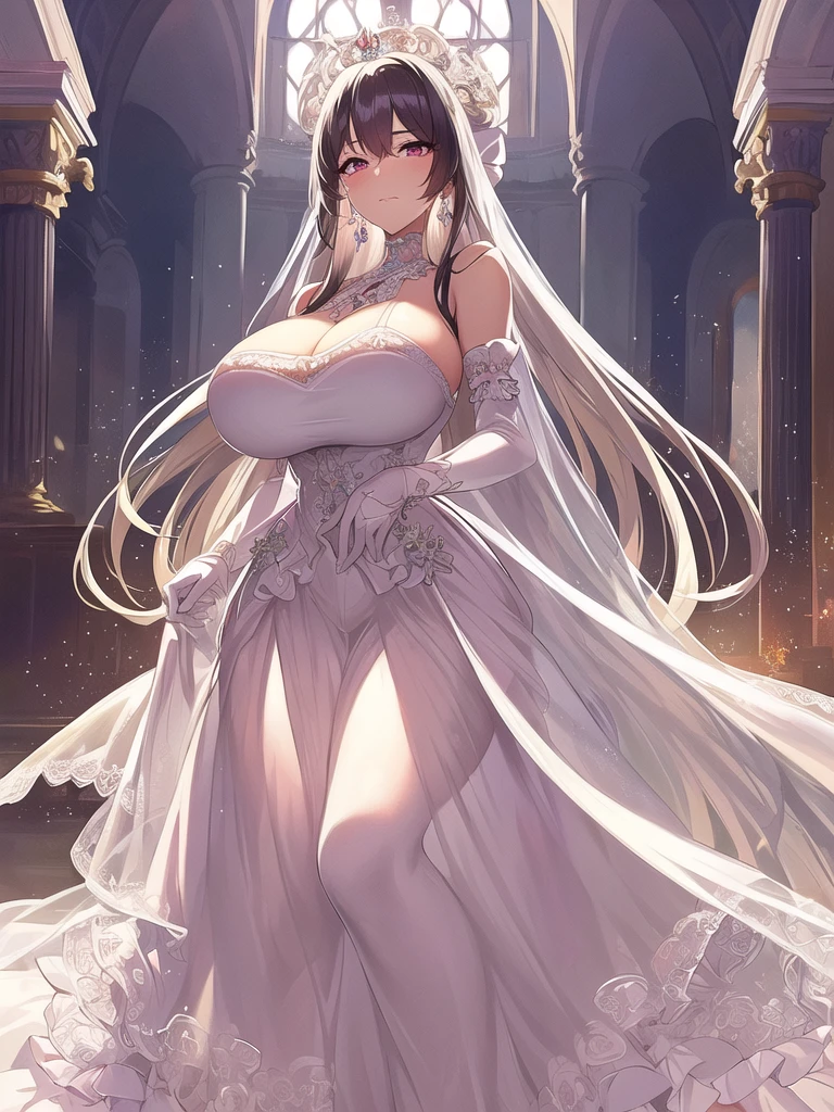 ((anime artstyle)),(((Masterpiece))), ((Best Quality)), ((Super Detail)), Illustration, (((Very Delicate and Beautiful))),Dynamic Angle,Looking at viewer,((((Solo)))),June bride,((((1 arrogant empress in See-through white wedding dress having a wedding ceremony in a royal palace)))), in the flower garden,((((Full body)))),(standing),((((embarrassed)))),Purple eyes,(Sharp eyes),Detailed Face, Long Eyelashes,Jet Black Hair,(Straight Hair),((Very Long Hair)),Bangs between eyes, ((((gigantic breasts)))),cleavage,skindentation,curvy,See-through,(((fusion of See-through white wedding dress and white rococo ball gown))),(fluffy See-through white wedding dress with gorgeous embroidery),((hoop skirt)),long skirt,corset,crinoline,(long wedding veil),opera gloves,(((finely decorated jeweled big tiara))), gem earrings,finely decorated necklace,(Beautifully jeweled ornaments),indoor,white lily flowers, flower petals flowing,Stained glass,light particles,