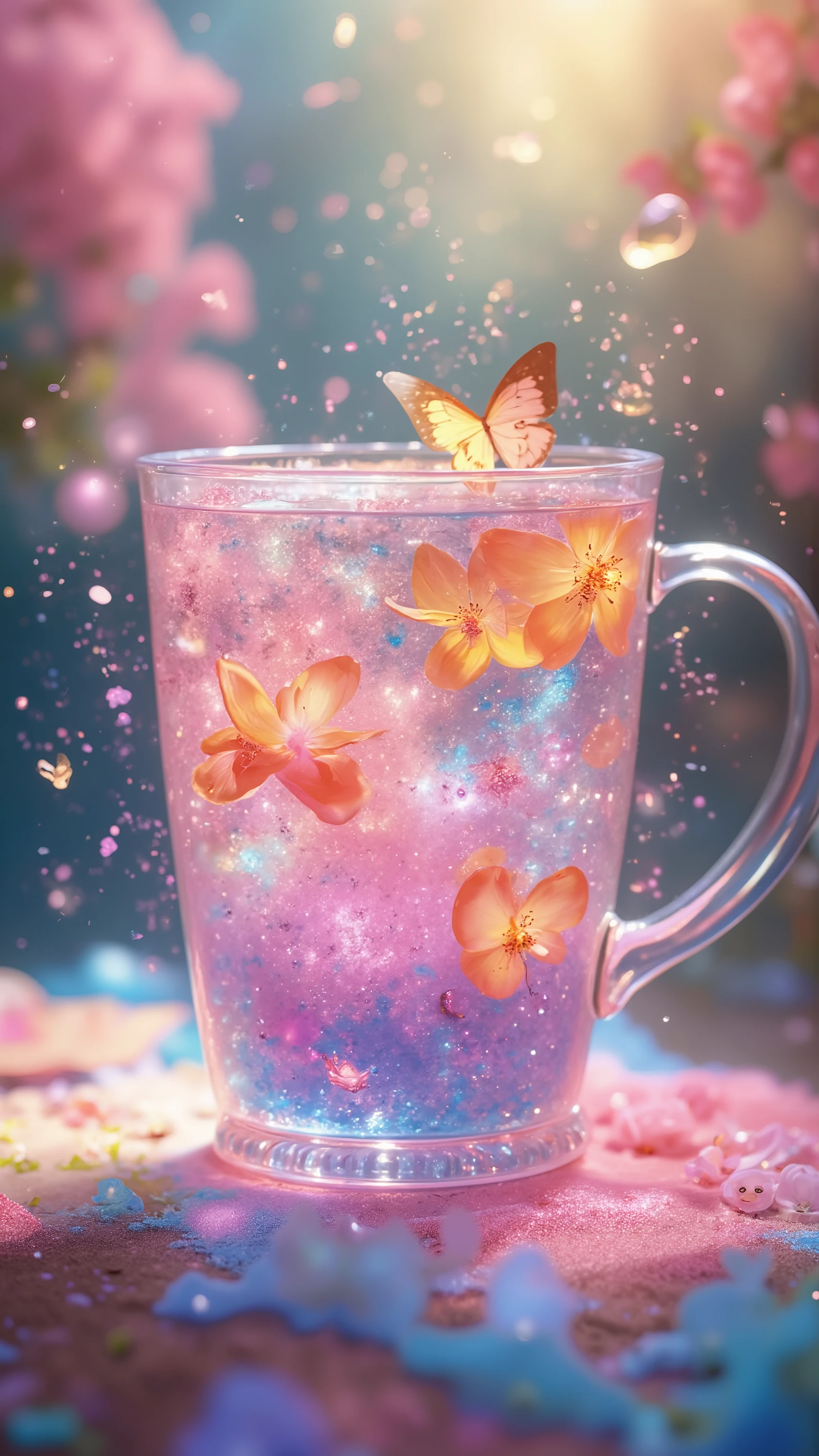 A vibrant, whimsical cup of pastel-colored liquid, filled with floating flowers, butterflies, and sparkling particles, bathed in a soft, ethereal light; the style is fantasy-art, dreamlike, and colorful, evoking a sense of magical beauty.