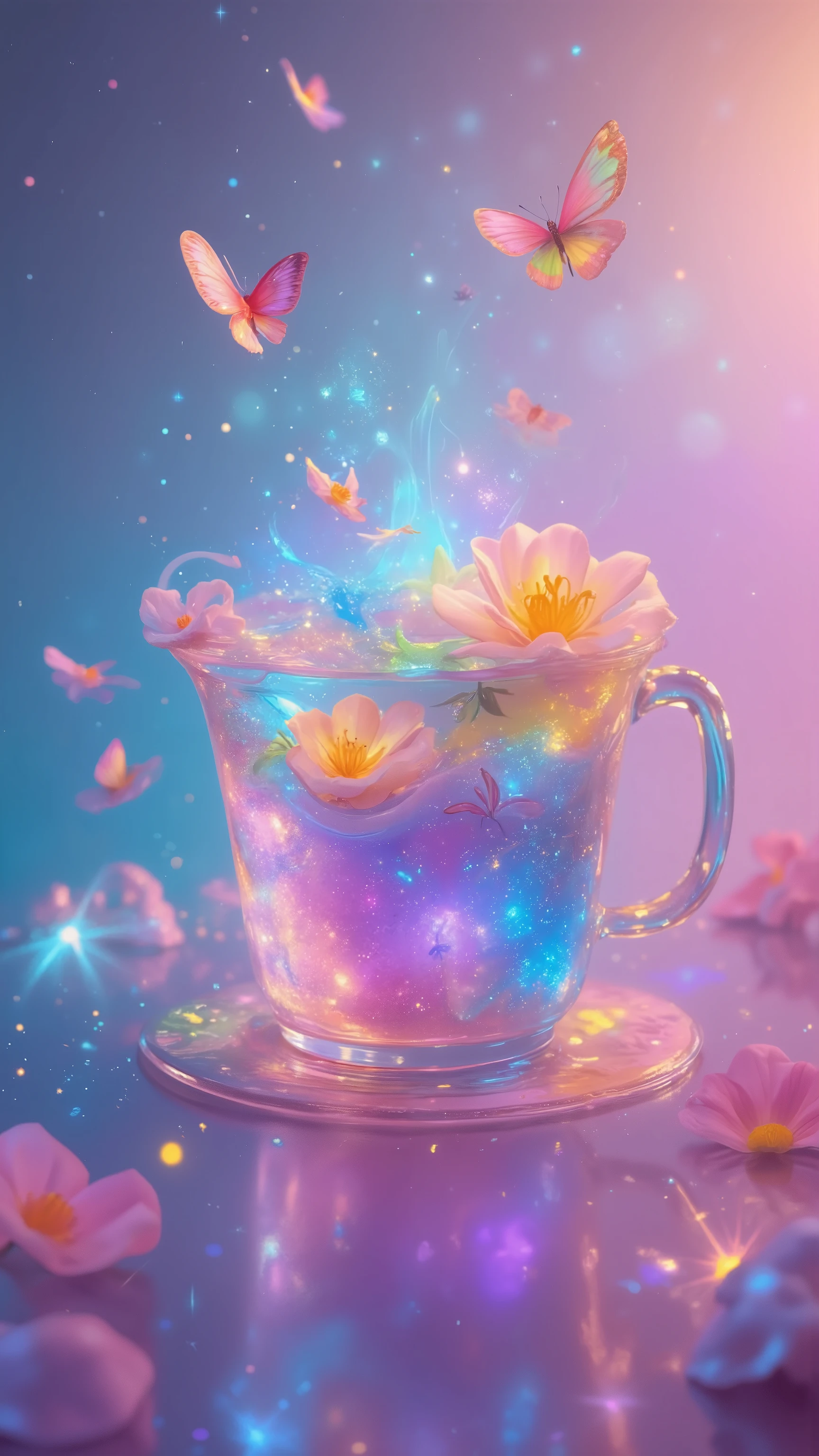 A vibrant, whimsical cup of pastel-colored liquid, filled with floating flowers, butterflies, and sparkling particles, bathed in a soft, ethereal light; the style is fantasy-art, dreamlike, and colorful, evoking a sense of magical beauty.