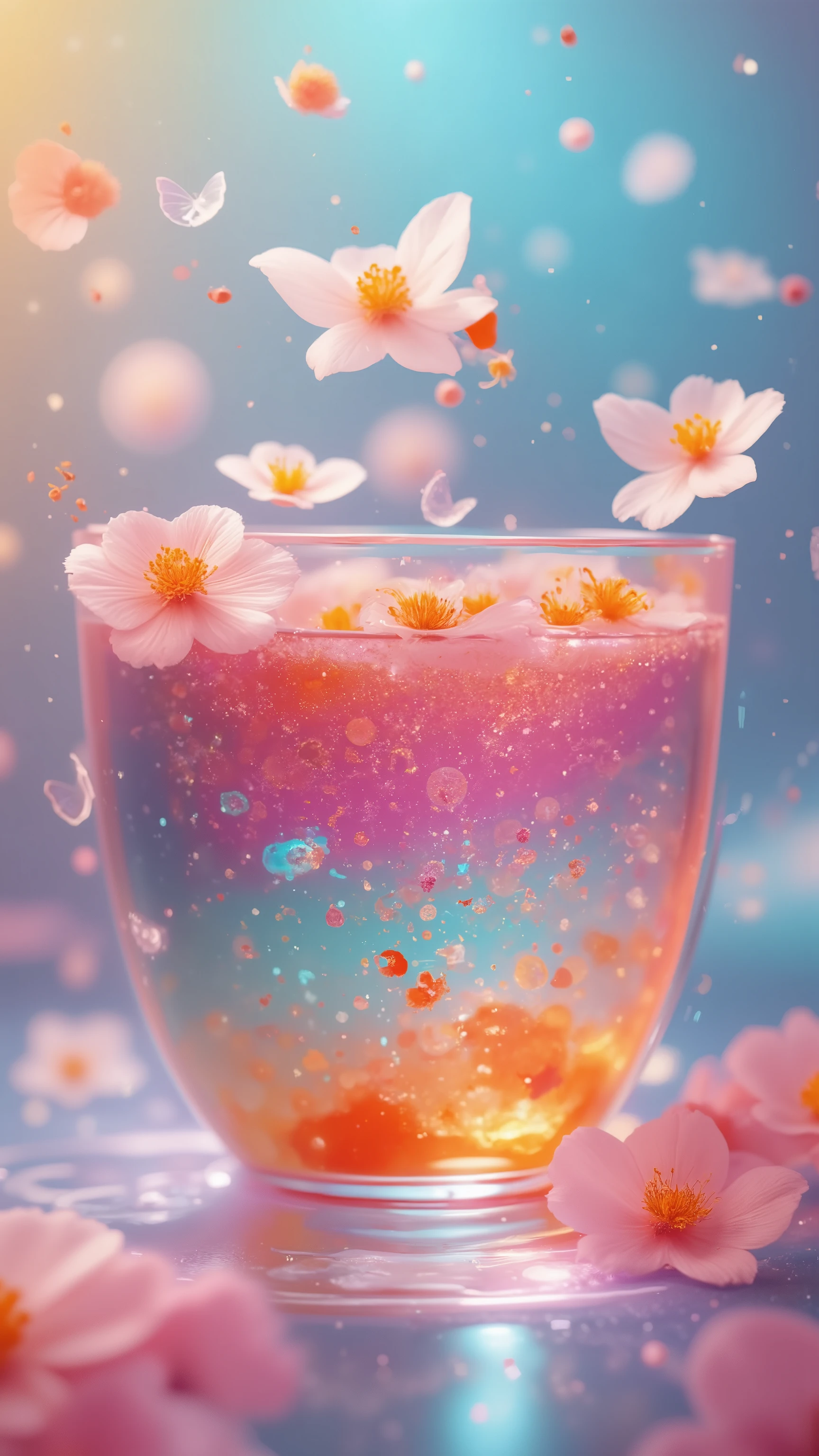 A vibrant, whimsical cup of pastel-colored liquid, filled with floating flowers, butterflies, and sparkling particles, bathed in a soft, ethereal light; the style is fantasy-art, dreamlike, and colorful, evoking a sense of magical beauty.
