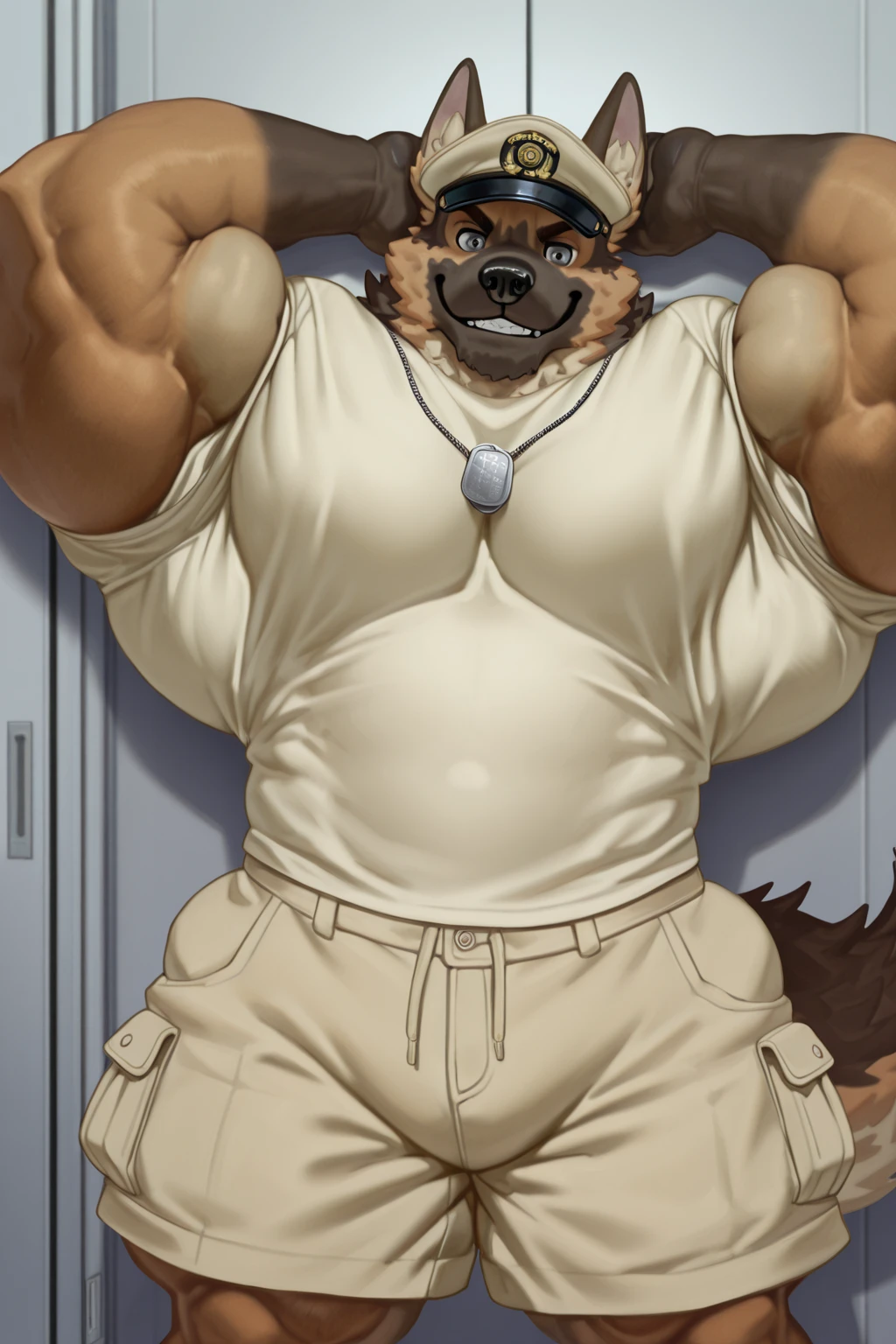 solo, 1boy, Huge Muscular Old Grizzly Bear wearing glasses , pectoral, huge pectoral, wide pectoral, short white hair, black shorts, black wristbands and black tank top, bearded, Mustache, ((really big muscle, massive muscular, sixpack, thick arms, wide pectoral, super huge muscle, hyper muscular, over sized muscle, huge arms, big arms, huge pectoral)), simple background, masterpiece, high detailed, 8k, high resolution, at the gym, flexes huge muscles