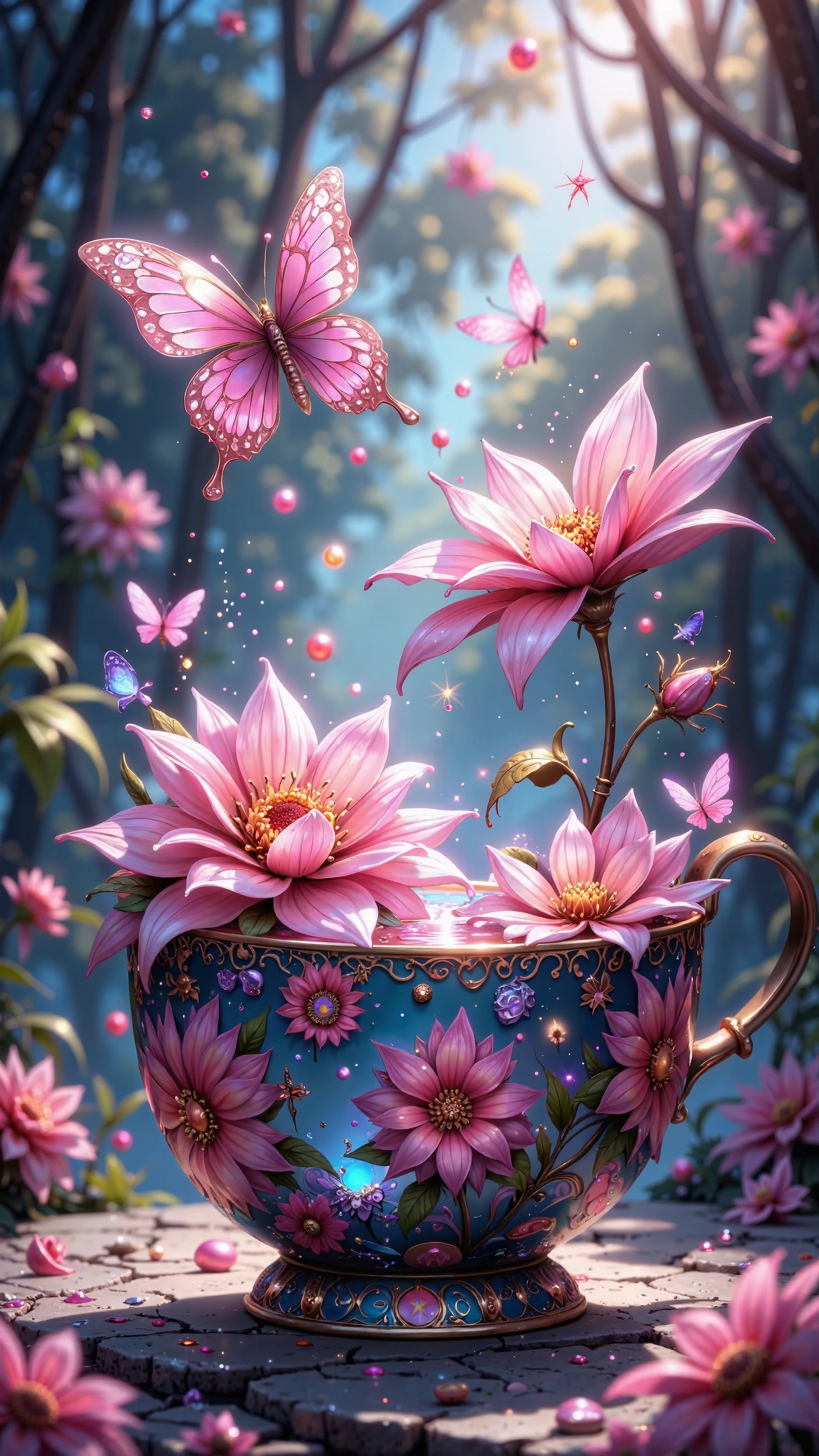 A vibrant, whimsical cup of pastel-colored liquid, filled with floating flowers, butterflies, and sparkling particles, bathed in a soft, ethereal light; the style is fantasy-art, dreamlike, and colorful, evoking a sense of magical beauty.