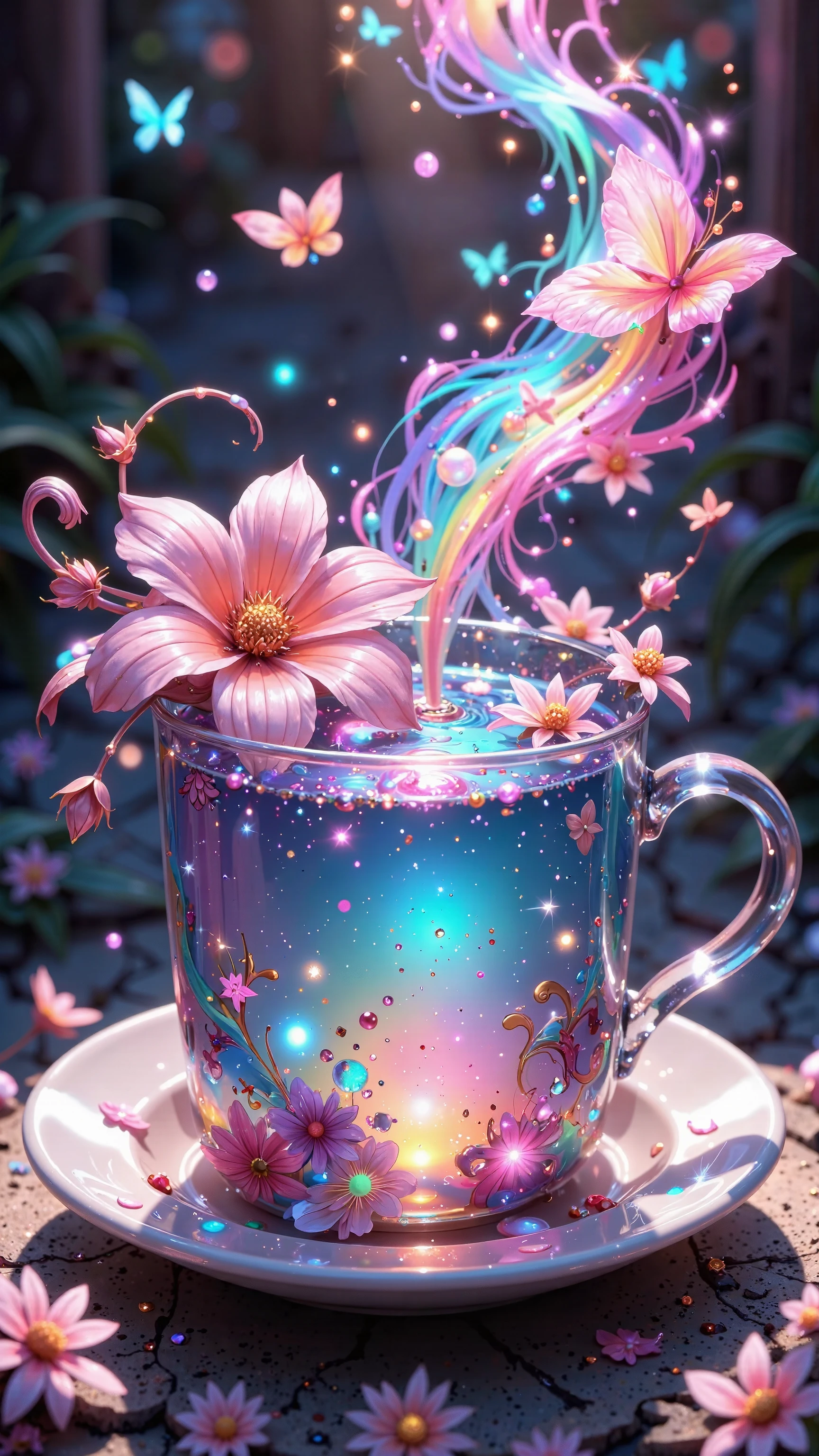 A vibrant, whimsical cup of pastel-colored liquid, filled with floating flowers, butterflies, and sparkling particles, bathed in a soft, ethereal light; the style is fantasy-art, dreamlike, and colorful, evoking a sense of magical beauty.