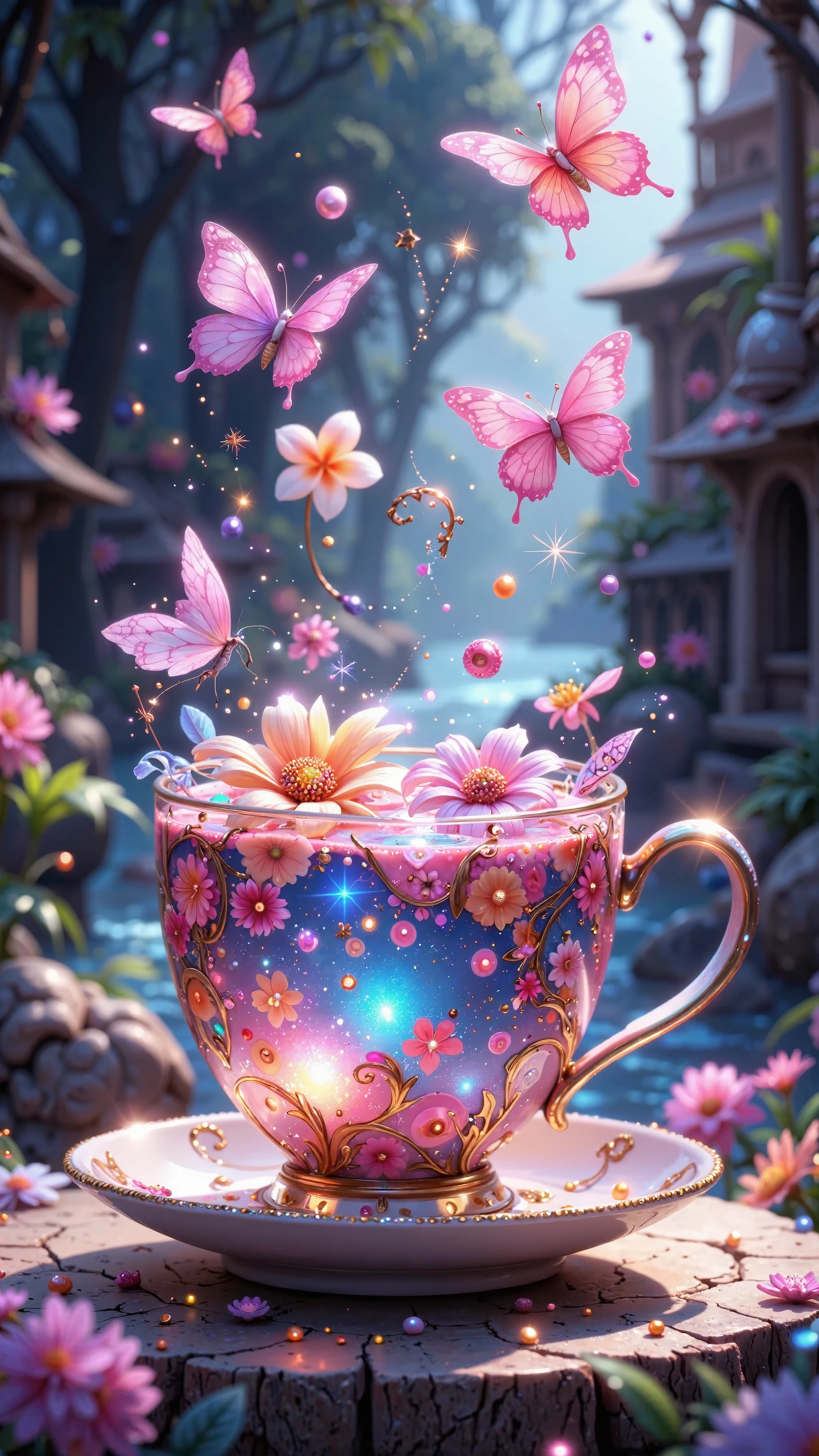 A vibrant, whimsical cup of pastel-colored liquid, filled with floating flowers, butterflies, and sparkling particles, bathed in a soft, ethereal light; the style is fantasy-art, dreamlike, and colorful, evoking a sense of magical beauty.
