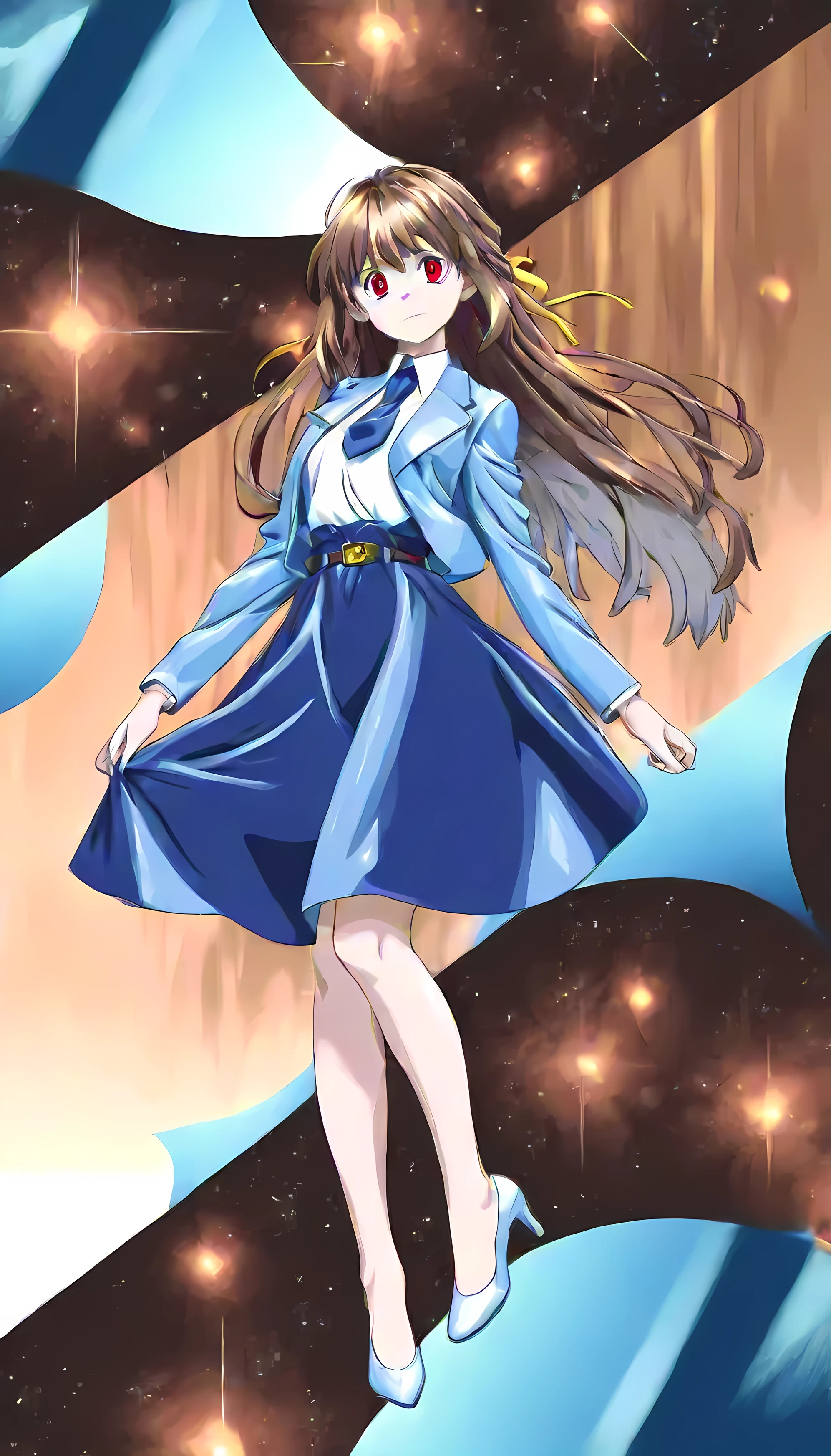 brown hair、 Long Hair、Bang、ribbon、 sad face、Red Eyes、 full body style reflects your entire body、Regular milk、 tight waist 、Bareleg、 wearing suits、 light blue jacket, collared shirt 、 white shirt、 blue tie,belt, Light Blue Tight Skirt ,white heeled pumps、