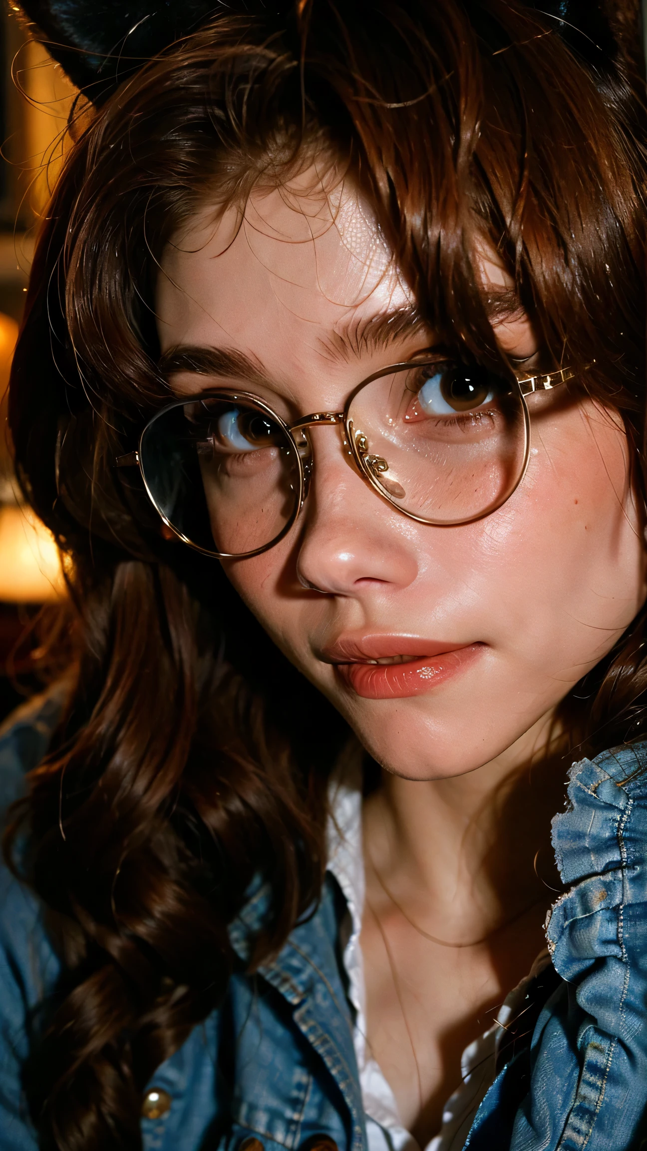 slim fit girl, full body shot, rounded face, very short disheveled dark blonde hair, big blue eyes, glasses, shy smile, perfect small breast, band on head with fake cat ears, look at you, a strand of hair from the bangs hangs between the eyes, accurate small snub nose, 16k, masterpiece, realistic style, perfect fingers, short denim microshorts, accurate hands, naked jacket, pale small areola, face