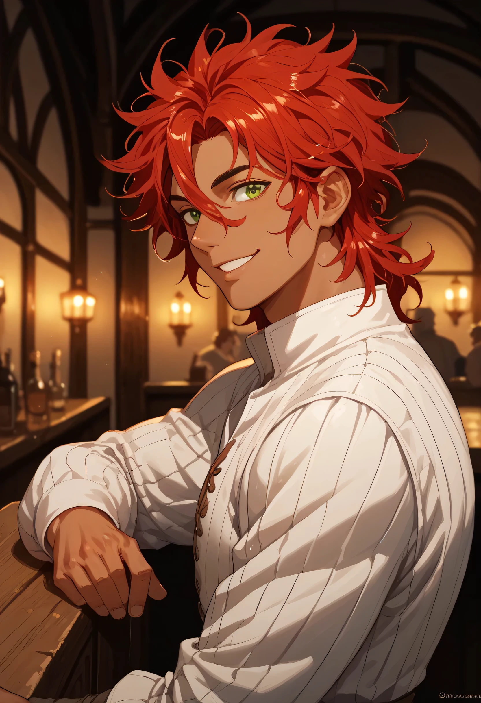 red hair, man, green eyes, tanned skin, strong, medieval shirt, focus on character, inside bar, side view, night, smiling, messy hair, looking at viewer, anime style, athletic, open arms, medieval, knight, dark environment, solo