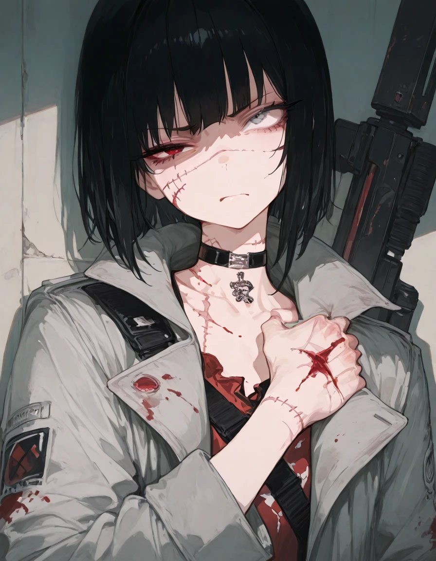 masterpiece, best quality, 1girl, black hair, low twintails, red eyes, hair between eyes, dynamic angle, blood splatter, weapon, depth of field