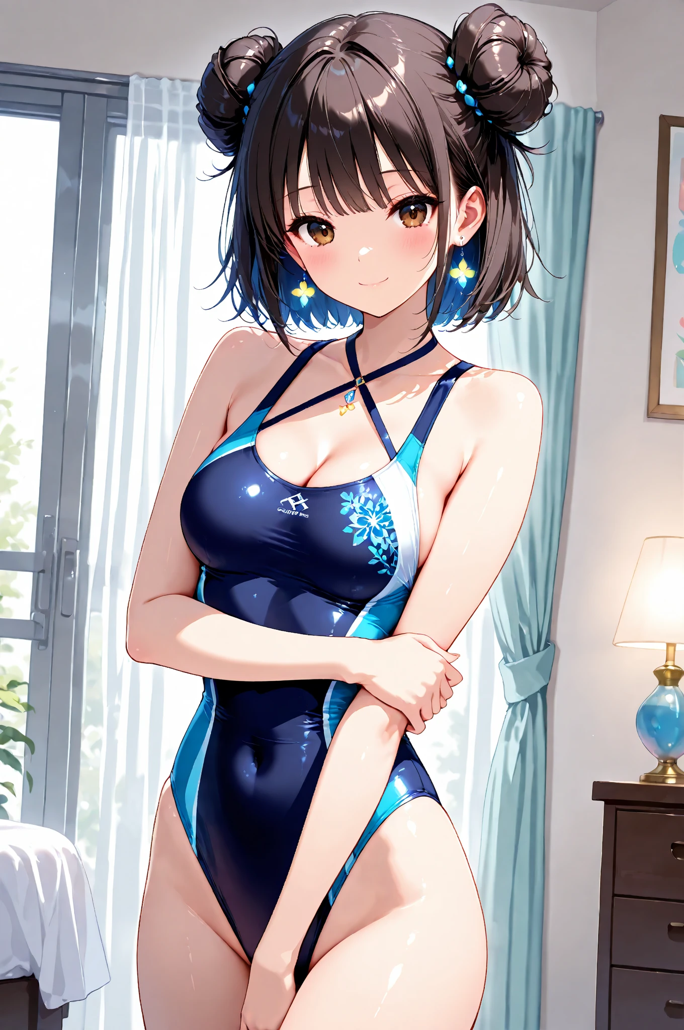 <lora:crosslacedswimsuit:0.95>cross-laced one-piece swimsuit, large breasts,
(best quality, masterpiece, RAW photo,ultra-detailed:1.2), <lyco:GoodHands-beta2:1.0>,1girl,solo,looking at viewer,smile