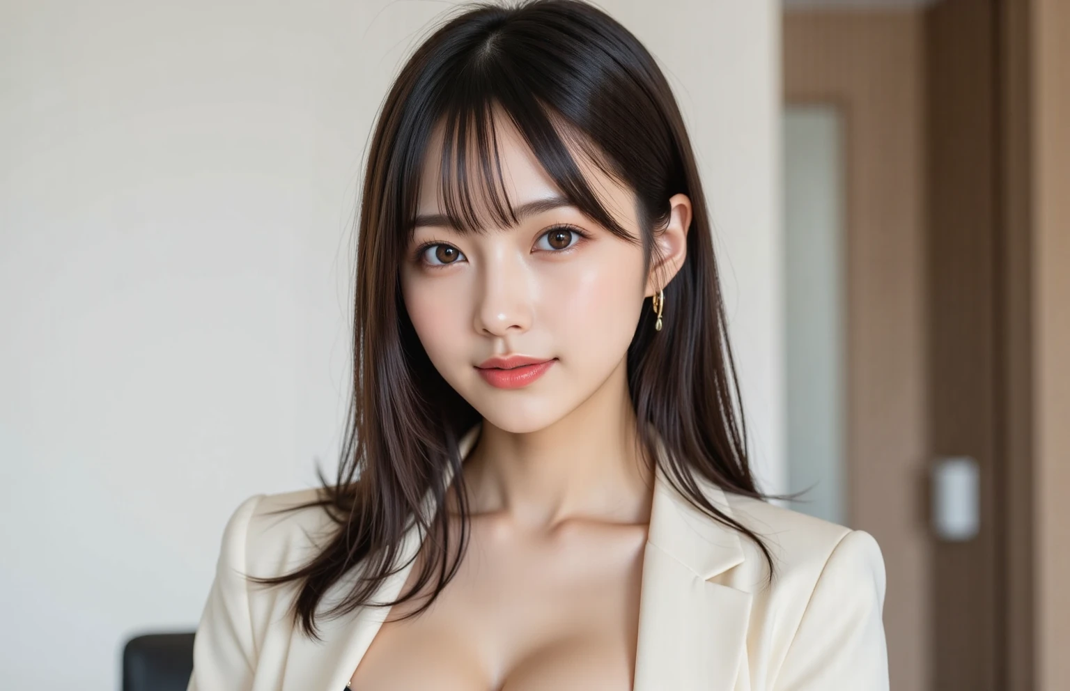 (highest quality: 1.2), very detailed, thorough resolution, (realistic, realistic photo: 1.37), portrait, high definition RAW color photo, high definition beautiful, high definition, amazing detail, highly detailed beautiful girl, highly detailed face, (finely defined super beautiful eyes: 1.8), nose exact shape has, expressive lips, (sunset, classroom background: 1.2), cute girl, realistic, (cinematic scene, fantasy art, top quality, high quality, high definition, high quality texture, high definition, beautiful, fine, ultra fine, CG, fine texture, realistic facial expression, mask, presence, dynamic, bold ), 1 gir, super fine skin, curvy, (nipples: 0.8), beautiful breasts, small breasts, fair complexion, pointed nipples, erect nipples, (very thin hair), (very soft hair), (very straight), flowing bangs, very thin copper amber hair, hair over one eye, very thin body, smart abs, (office lady outfit: 1.5),
