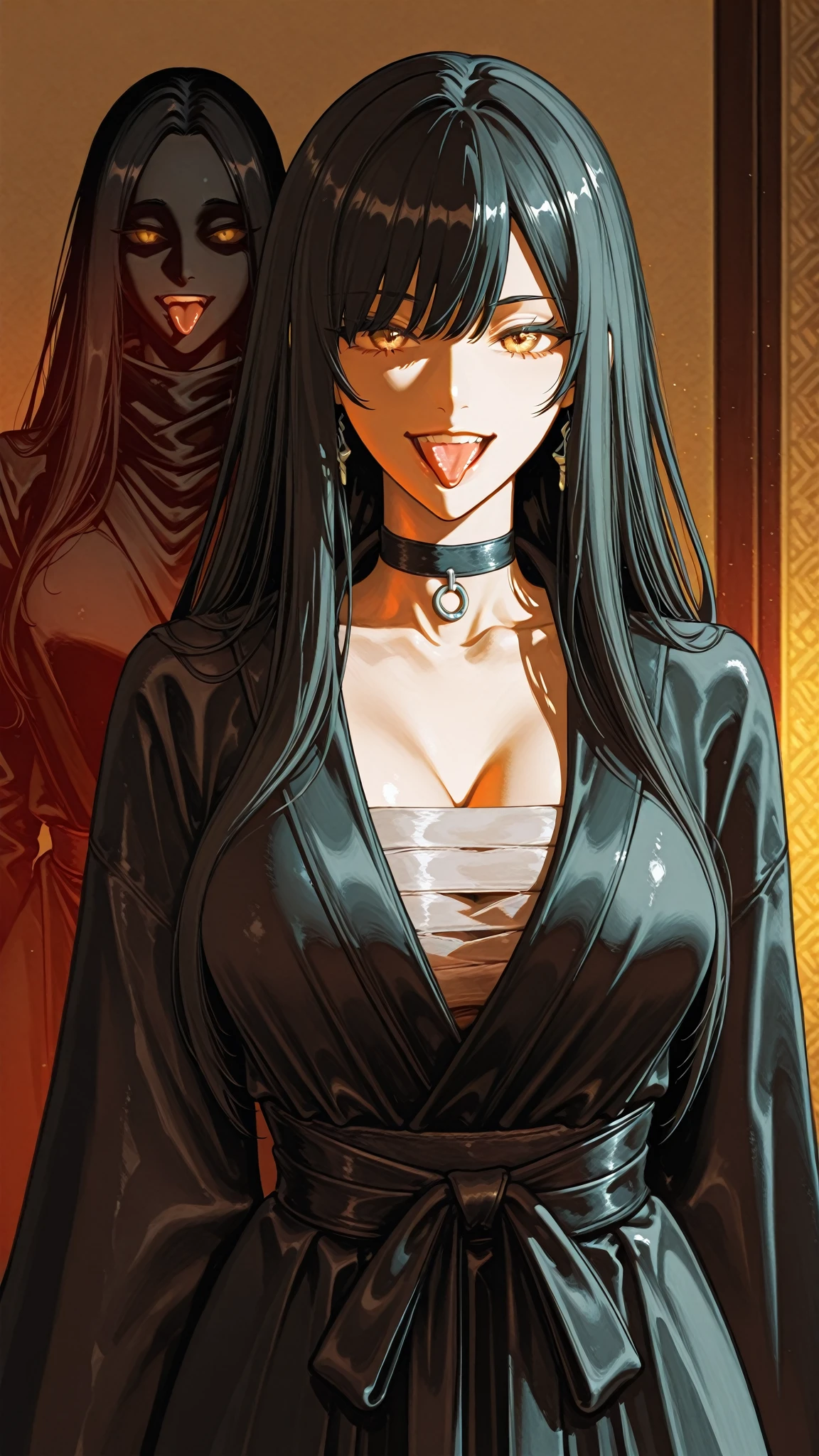 mature woman, 40  years old, sadako yamamura, pale skin, hair in front of the face, hair covering face, hair covering eye, no emotions, big body, black kimono, Medieval setting, Black and white, haunted, nigth,