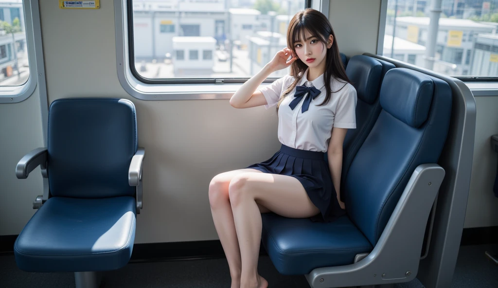 kawaii12Year old schoolgirl、full bodyesbian、独奏、stature130㎝、White short-sleeved shirt、Dark blue mini skirt、masutepiece, Best Quality, ultra-quality, High quality, hight resolution, ultla highres, absurderes, 4K, 8K, Hyper Detailed, intricate-detail, amazing shading, High contrast, Realistic, photographrealistic, Raw photo, Photography, superfine illustration, foreshortening, Perfect Anatomy, Correct anatomy, perfectly proportions, Perfect face, Perfect hands, Perfect legs, Perfect fingers、Sitting in a train seat、itting open legs、White underwear is visible、Bewitching smile、Looking at the camera