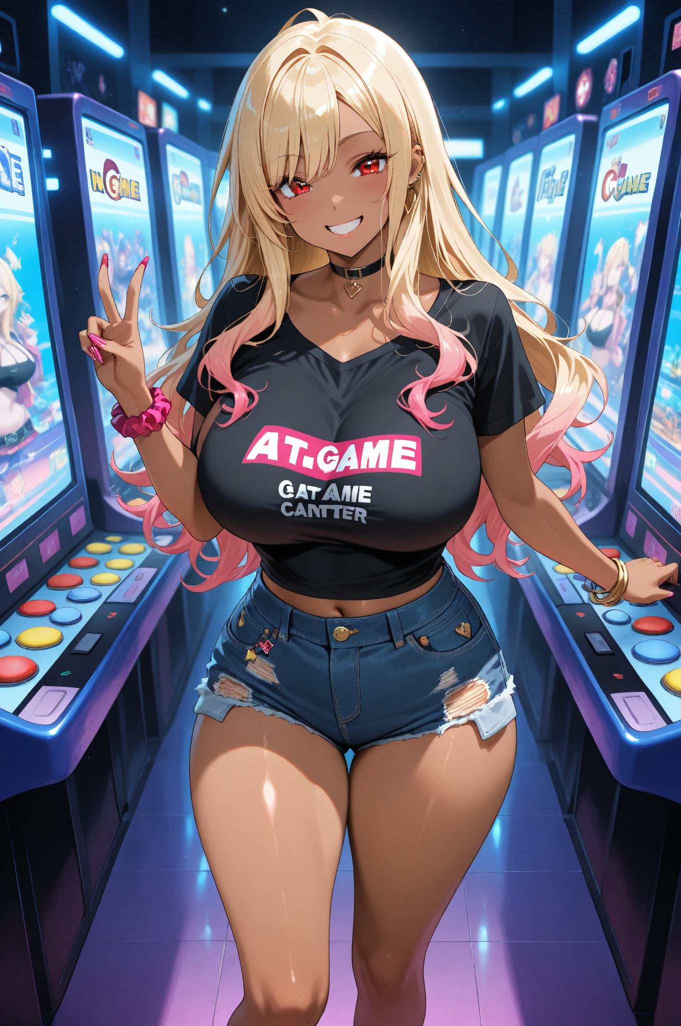 (1girl:1.3), (solo:1.2), curvy, (masterpiece:1.2), (best quality:1.2), (dynamic pose:1.4), (confident:1.2), smile
<lora:BlushySpicy [MockAi - v1.0]:0.8> blushyspicy, thick lineart, cute, pinup, vibrant colors, (large breasts:1.4), (cowboy shot:1.2), <lora:Mario - Bowsette [Numeratic - v1.0]:1> bowsette, horns, white horns, blonde hair, long hair, spiked choker, spiked collar, cleavage, black dress, bare shoulders, earrings, large breasts, long dress, (japanese convenience store:1.4), (inside:1.3), modern, (konbini), shelves, groceries,