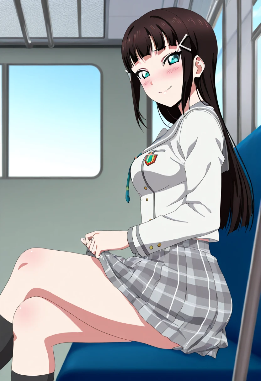 alone, One Girl, Show Viewer, 2D, anime, anime coloring, Upper Body, sit in a train seat, (Bend your knees, Panty shot), Camel Toe, ayase aragaki, , Seraph, smile,Spread your legs, (((Skirt flip, I can see your pants))),,(((Skirt flip, I can see your pants))), Pussy juice, Pussy juice, pussy juice,