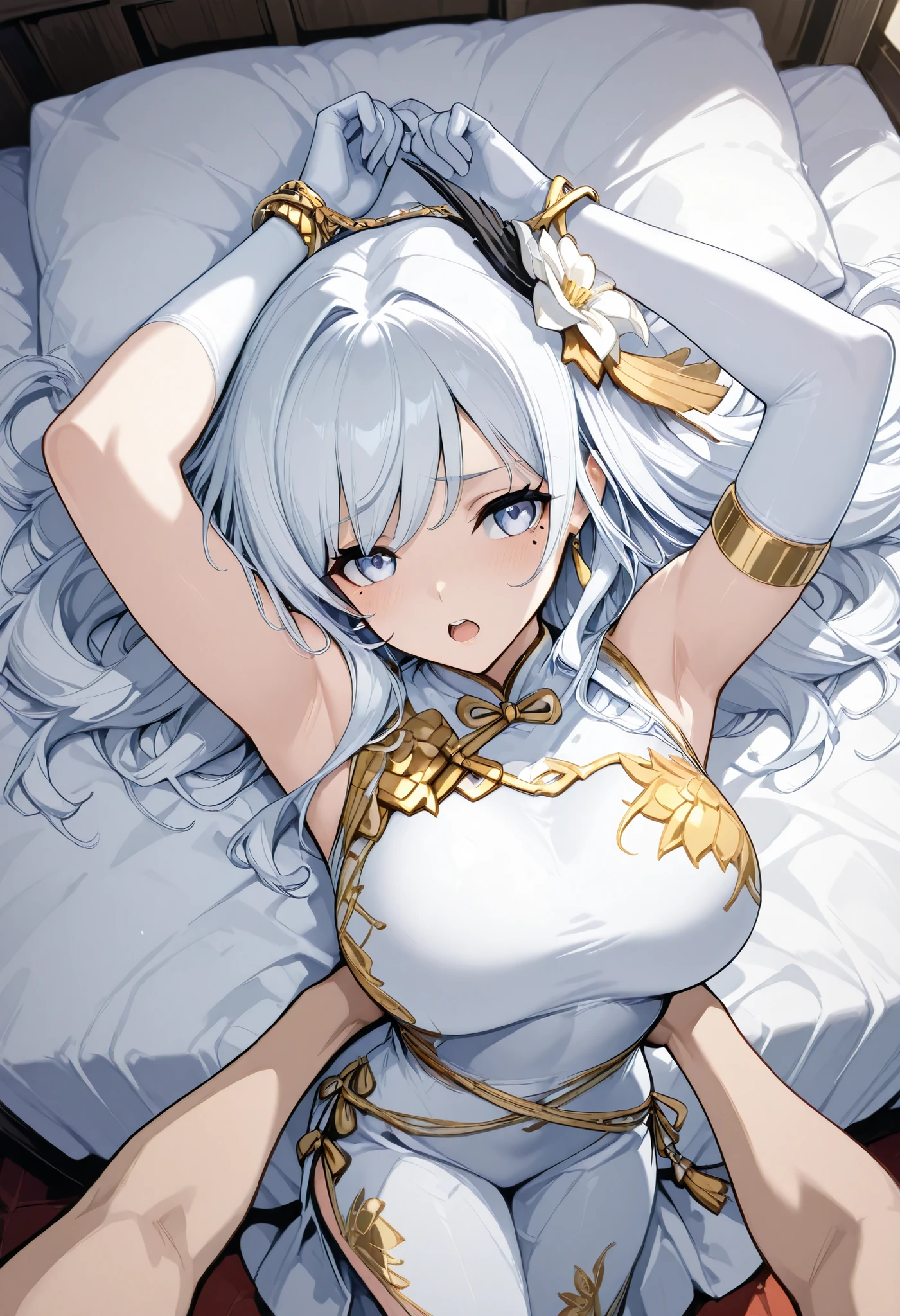 Armlet for left arm、bracelet for right wrist、sleeveless china ,anime girl Picture of a woman with long white hair and a flower in her hair, gray hairの deity, Anime Goddess, gray hairの, gray hairの lady, gray hair, with long white hair bundled in a bundle at the back, Haise Jinyao, Genshin Character、Keking, Full Body Senxia , Pictures of Women with Long White Hair Bound at the Back, Picture of a woman with long white hair, perfect gray hairの girl,large breasts with good shape,thin waist,mole under eye,long gloves,earrings,moist eyes、kind eyes、kind expression、Deep Bed、Very large bed、On a white bed、Lie on your back with your whole body、She's Alone、Arching back, climax, open mouth, blush, frown, The hair bundled in the back is a braid, Depth, cowboy shot, first-person view, atmospheric perspective, highres, textured skin, anatomically correct