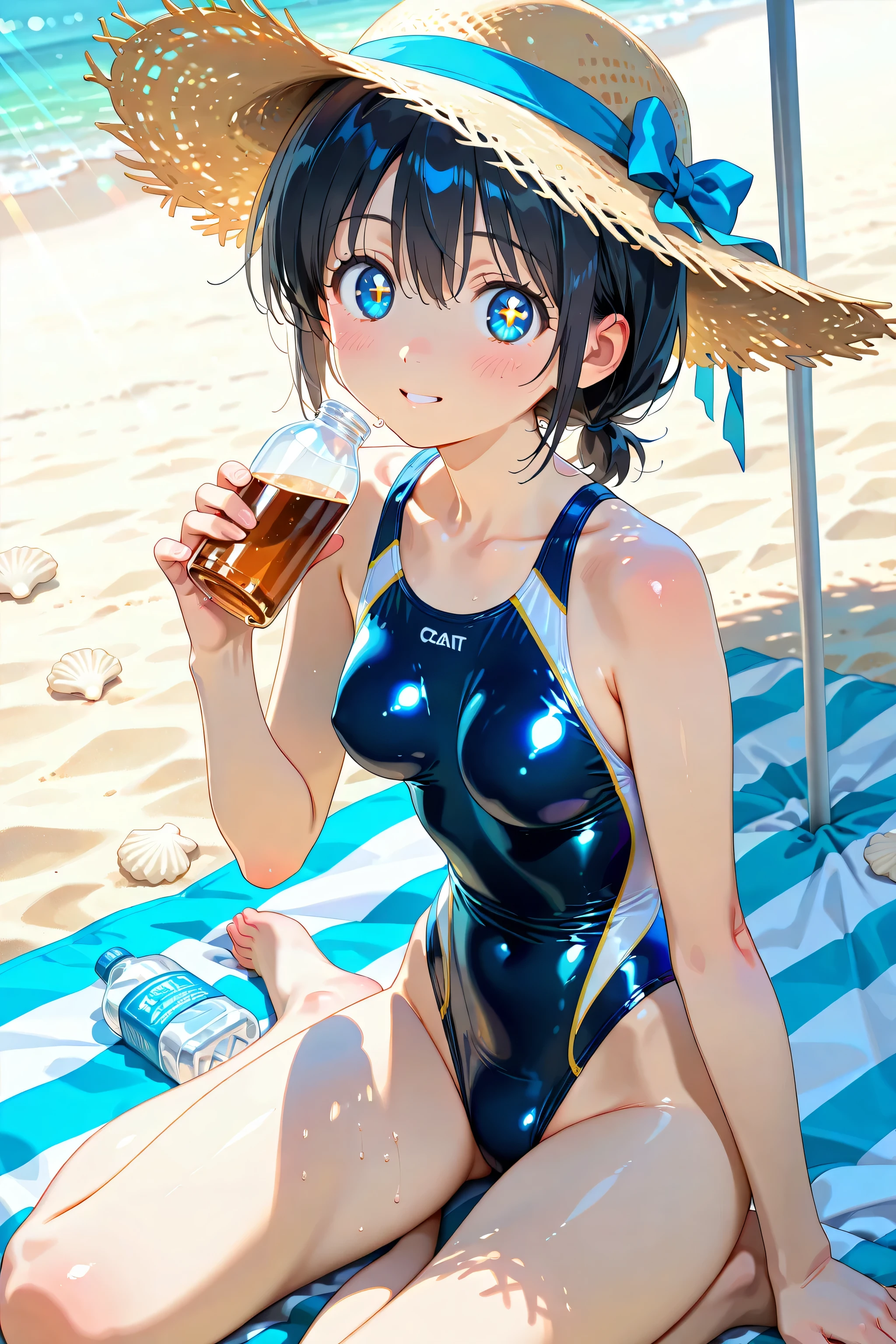HIMENO, EYEPATCH, BLACK HAIR, BLUE EYES, MEDIUM HAIR,BANGS, holding glass , drunk, drink, bottle of alcohol, happy face expression, (wearing full swimsuit:1.35), comics,fantasia,marvel e DC, sunny weather, beach, sea, dungeon background