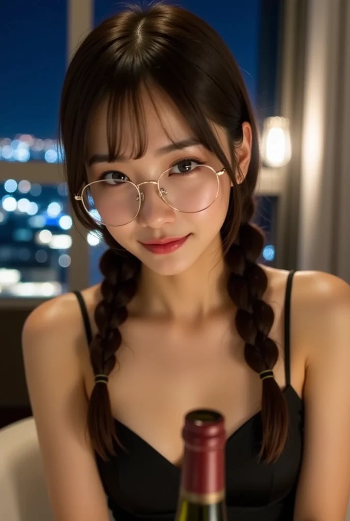 Japanese idol 20 years old、Glamorous figure、 (Blonde with bangs)、 ((Glasses)) Super shiny red lips 、Duck lips, super shiny enamel metallic bikini, flushed cheeks、 ((Cyberpunk night city with shining laser beams)) 、Portrait Looking at camera 、((Change of clothes)) 、Steamy, sweaty, shiny face、 Sweaty and red face 、Frontal eye contact 、Kissing face sitting with legs apart 、Charming smile 、Masterpieces of portraiture 、Big brown eyes、 Drawn from below 、(soaking wet woman)、 (sunset) 、Ecstatic expression 、((Tanned, wheat-colored skin)) 、Smokey Makeup、Black mascara、 黒の水着 派手なメイクで光沢のある顔 Smokey Makeup、Black mascara、(((I don't have glasses)))