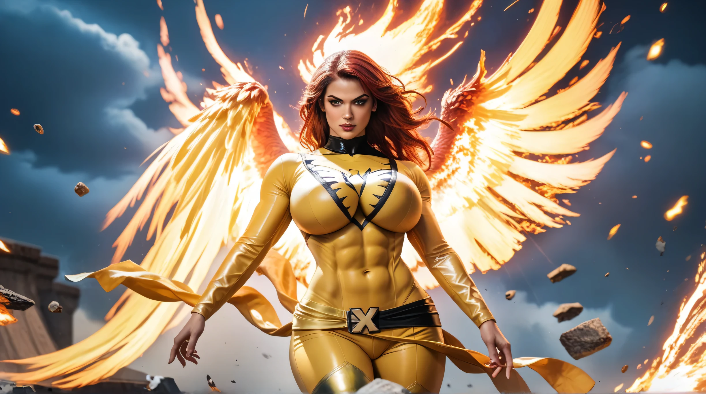 Ultra-realistic, cinematic close-up shot of Jean Grey (Phoenix) from X-Men, standing powerfully beside Rogue from X-Men. Rogue has a flawless, curvy, athletic body with gigantic breasts and a huge ass, wearing her ultra-tight green and yellow bodysuit that accentuates her figure perfectly, her brown hair with white streaks flowing behind her. Jean Grey also has a voluptuous, perfectly shaped body with gigantic breasts and a huge ass, wearing her iconic fiery red and gold Phoenix bodysuit that clings to her curves. Her long red hair flows in the wind, glowing under the blazing Phoenix aura surrounding her. The atmosphere is dark and stormy with bursts of orange and gold flames, smoke swirling, and debris in the air, making the scene feel intense and powerful